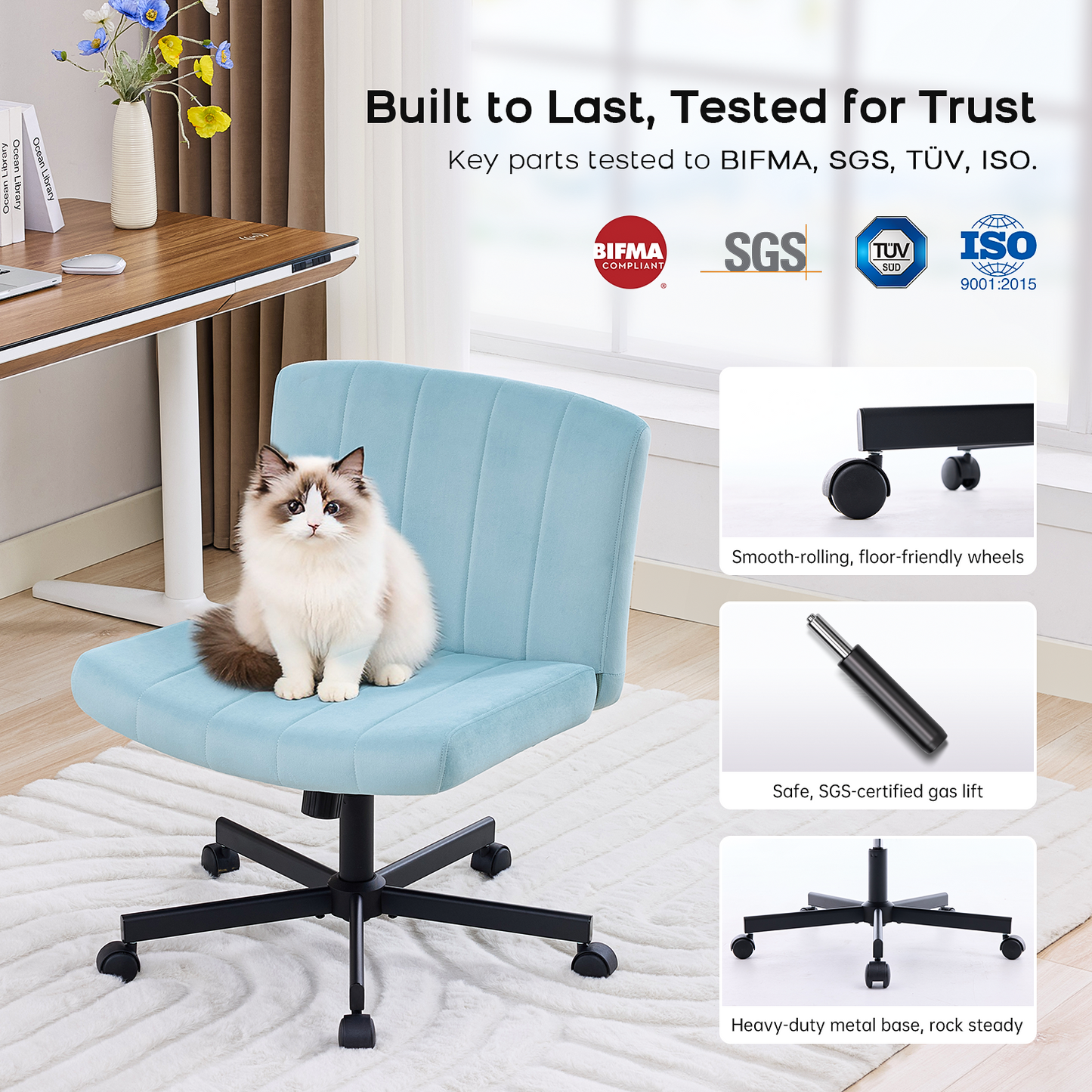 TMV Criss Cross Chair–Armless Office Chair, Fabric Padded Vanity Chair Computer Chair with Wheels, Wide Seat Swivel Desk Chair for Home Office，Pale Blue