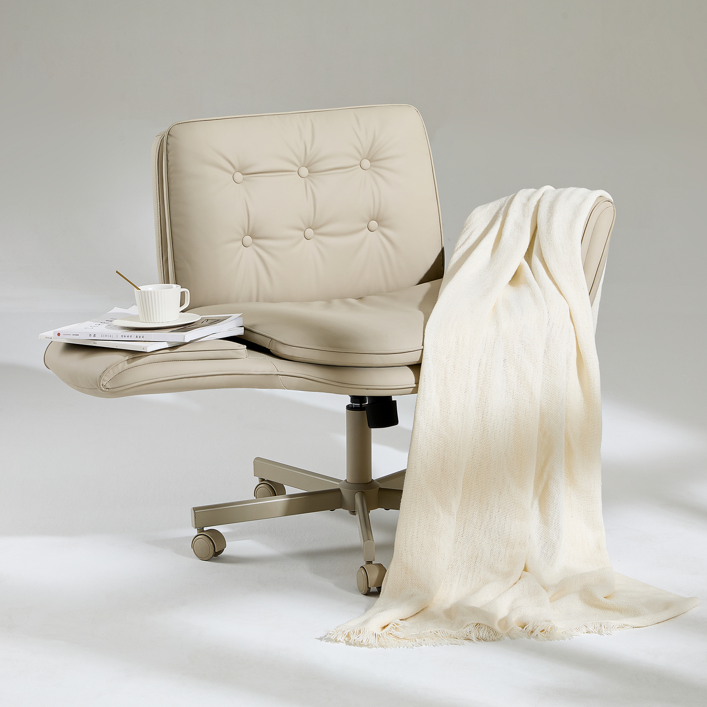 TMV Vanity Chair Oversized, Criss Cross Design Office Desk Chair - Big & Tall Computer Chair with Foldable Arms, Swivel and Wheels,Cream
