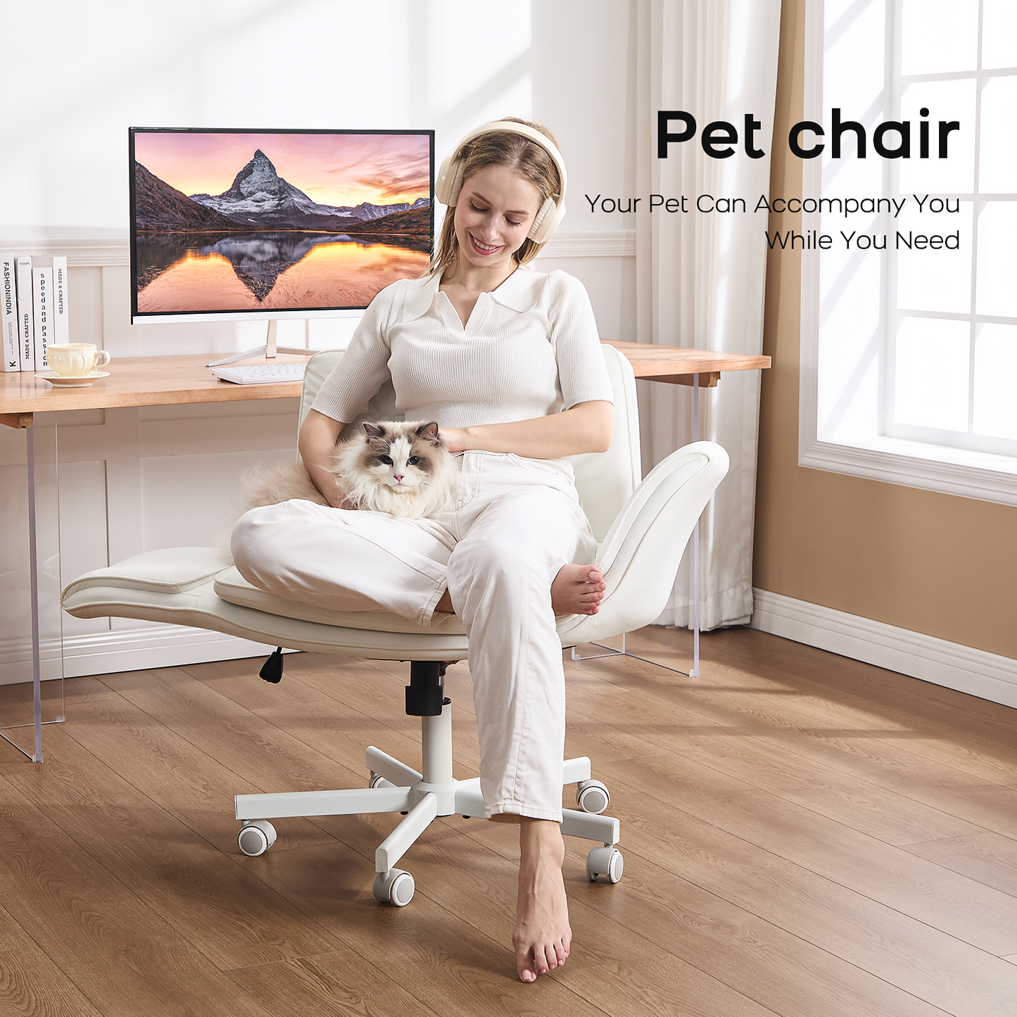 TMV Vanity Chair Oversized, Criss Cross Design Office Desk Chair - Big & Tall Computer Chair with Foldable Arms, Swivel and Wheels,White