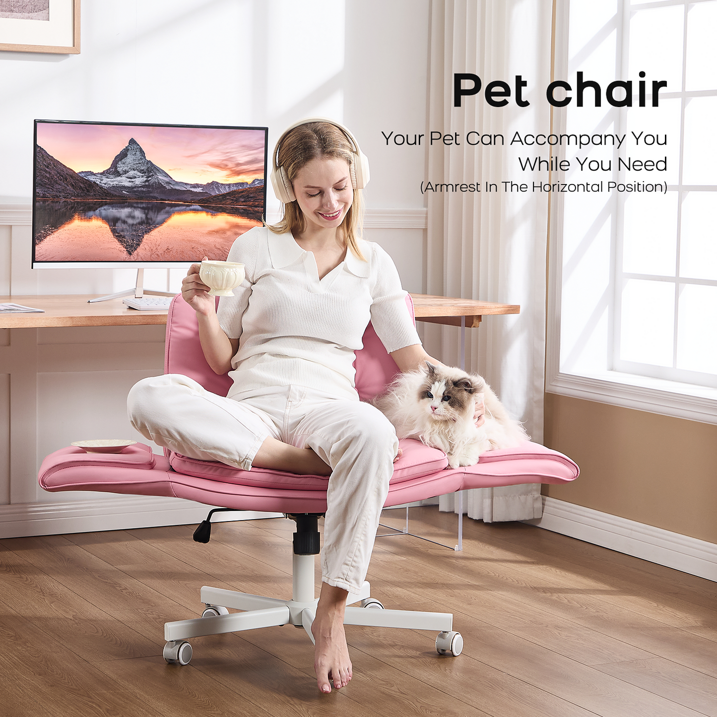TMV Vanity Chair Oversized, Criss Cross Design Office Desk Chair - Big & Tall Computer Chair with Foldable Arms, Swivel and Wheels,Pink