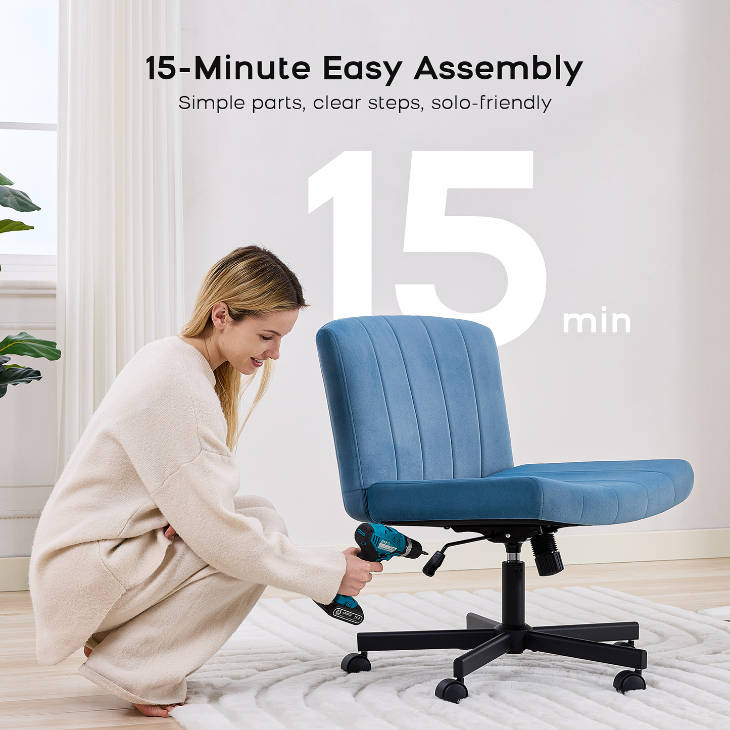 TMV Criss Cross Chair–Armless Office Chair, Fabric Padded Vanity Chair Computer Chair with Wheels, Wide Seat Swivel Desk Chair for Home Office，Navy Blue
