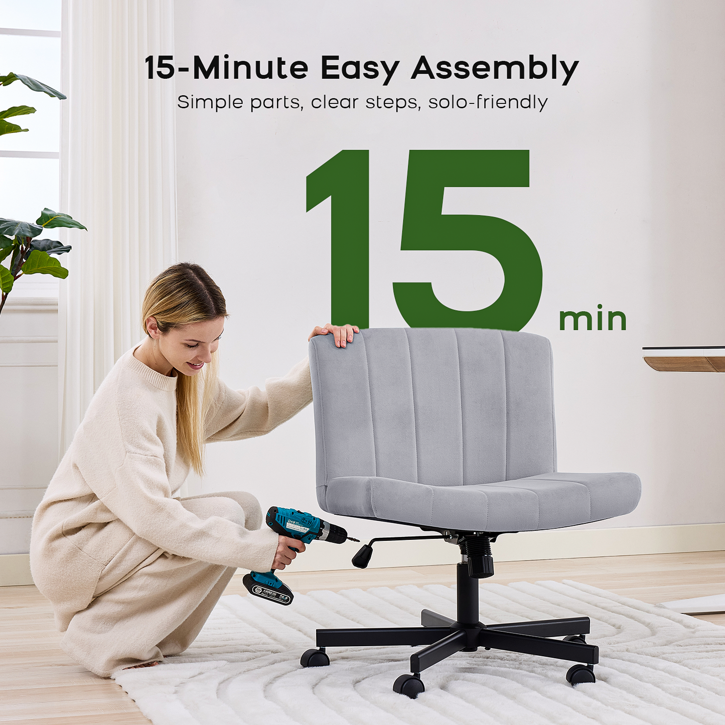 TMV Criss Cross Chair–Armless Office Chair, Fabric Padded Vanity Chair Computer Chair with Wheels, Wide Seat Swivel Desk Chair for Home Office,Gray