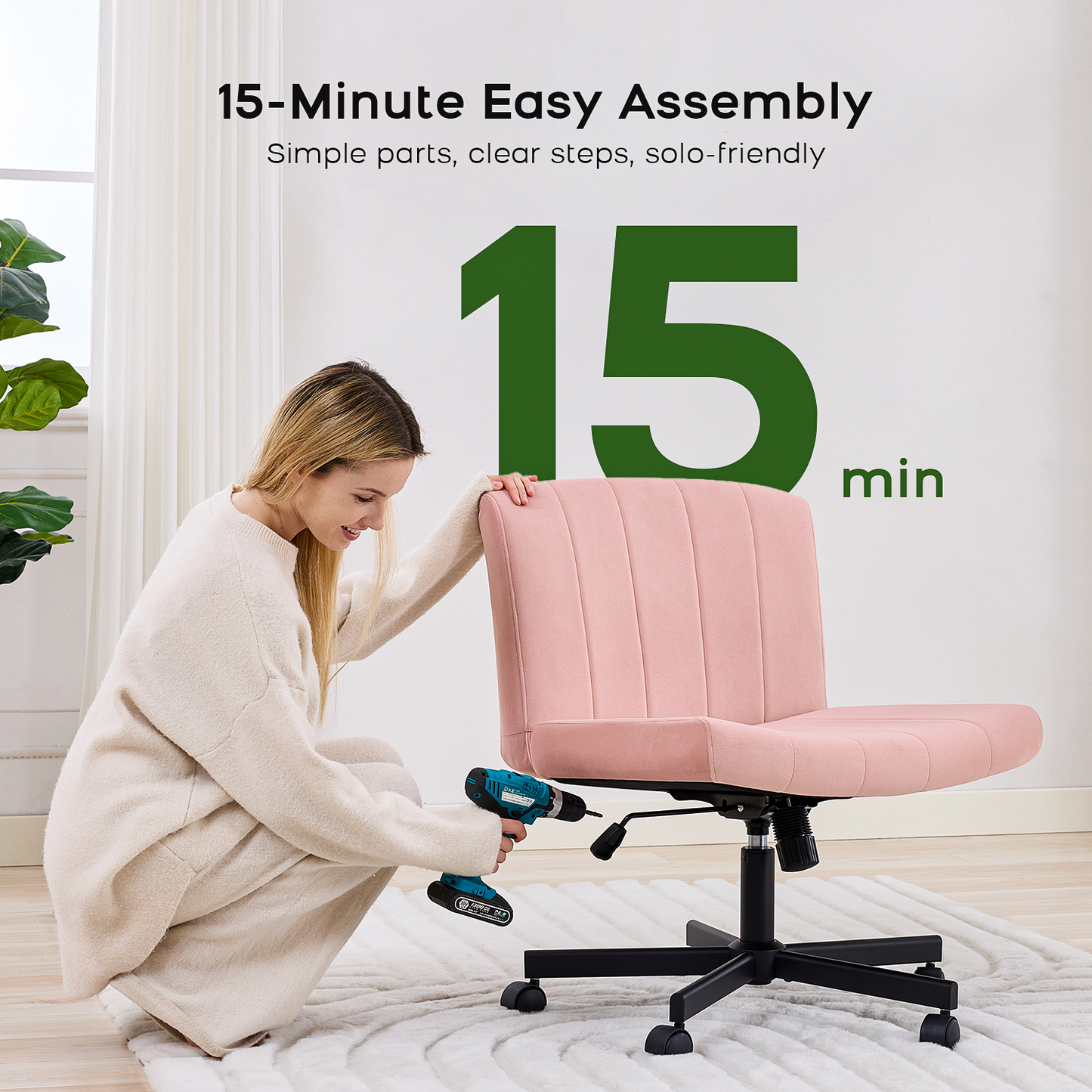 TMV Criss Cross Chair–Armless Office Chair, Fabric Padded Vanity Chair Computer Chair with Wheels, Wide Seat Swivel Desk Chair for Home Office，Pink