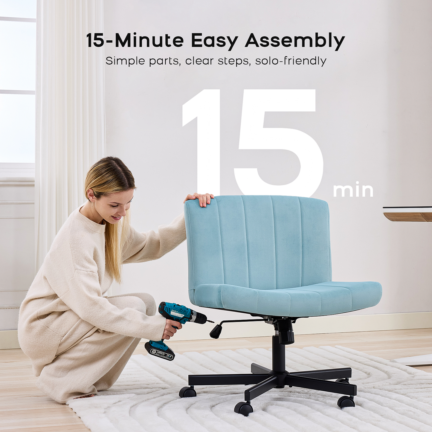 TMV Criss Cross Chair–Armless Office Chair, Fabric Padded Vanity Chair Computer Chair with Wheels, Wide Seat Swivel Desk Chair for Home Office，Pale Blue