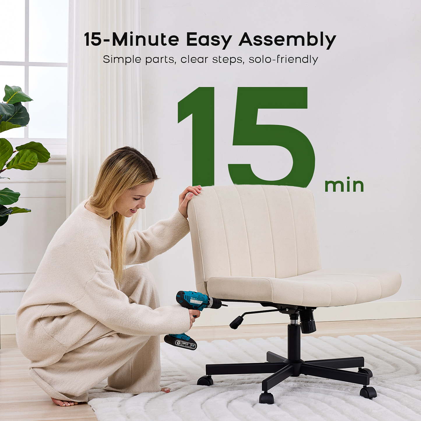 TMV Criss Cross Chair–Armless Office Chair, Fabric Padded Vanity Chair Computer Chair with Wheels, Wide Seat Swivel Desk Chair for Home Office，Cream