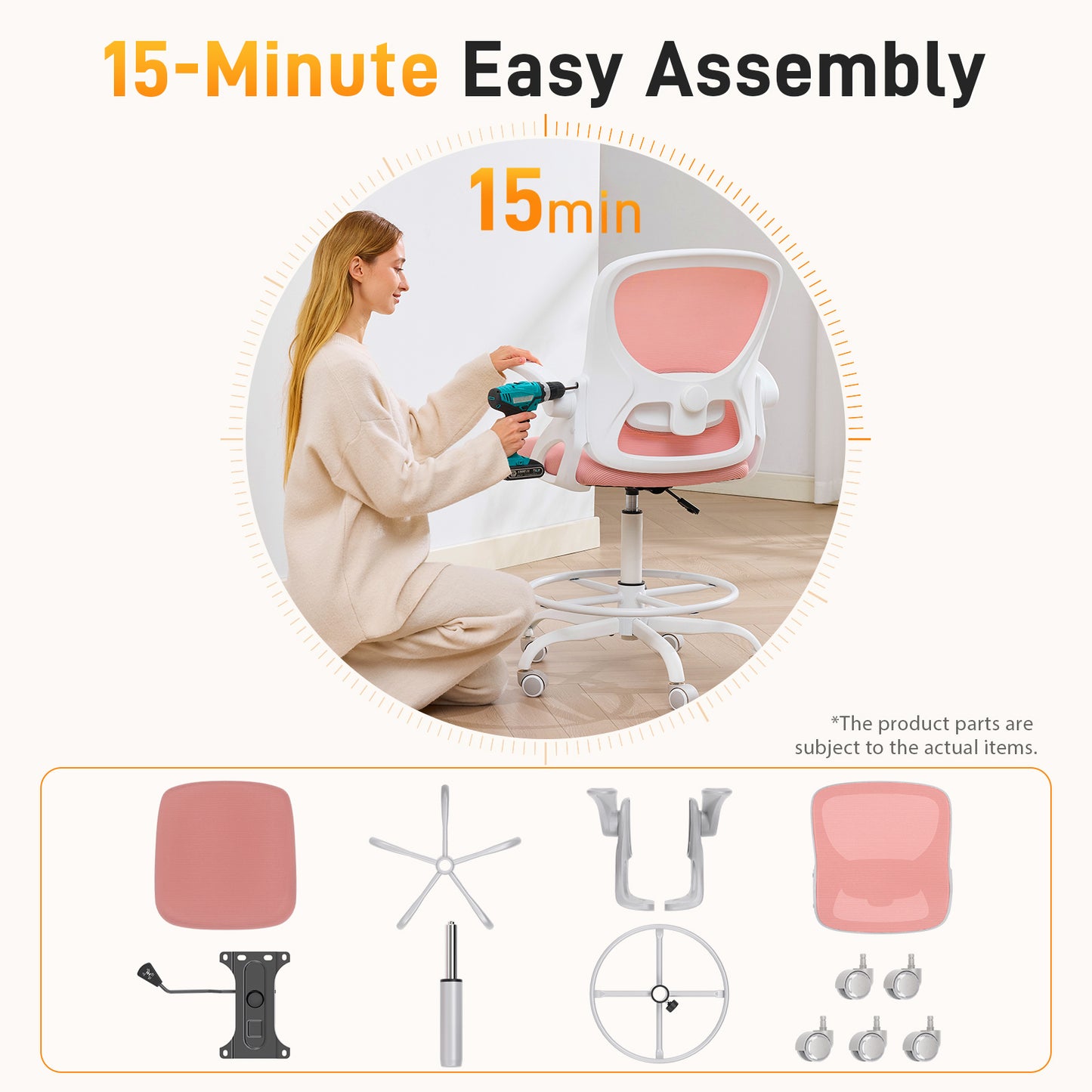 TMV Drafting Chairs Adjustable Height Desk Chair, Ergonomic Office Chair with Foot Rest, Computer Chair,White-Pink