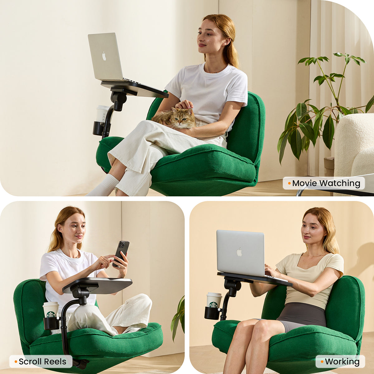 TMV Swivel Accent Chair Living Room Chairs with Tray Table and Cup Holder – Wide Seat,360°Swivel,Reading Chair,Corduroy Chaise Lounge Chair Indoor,Green