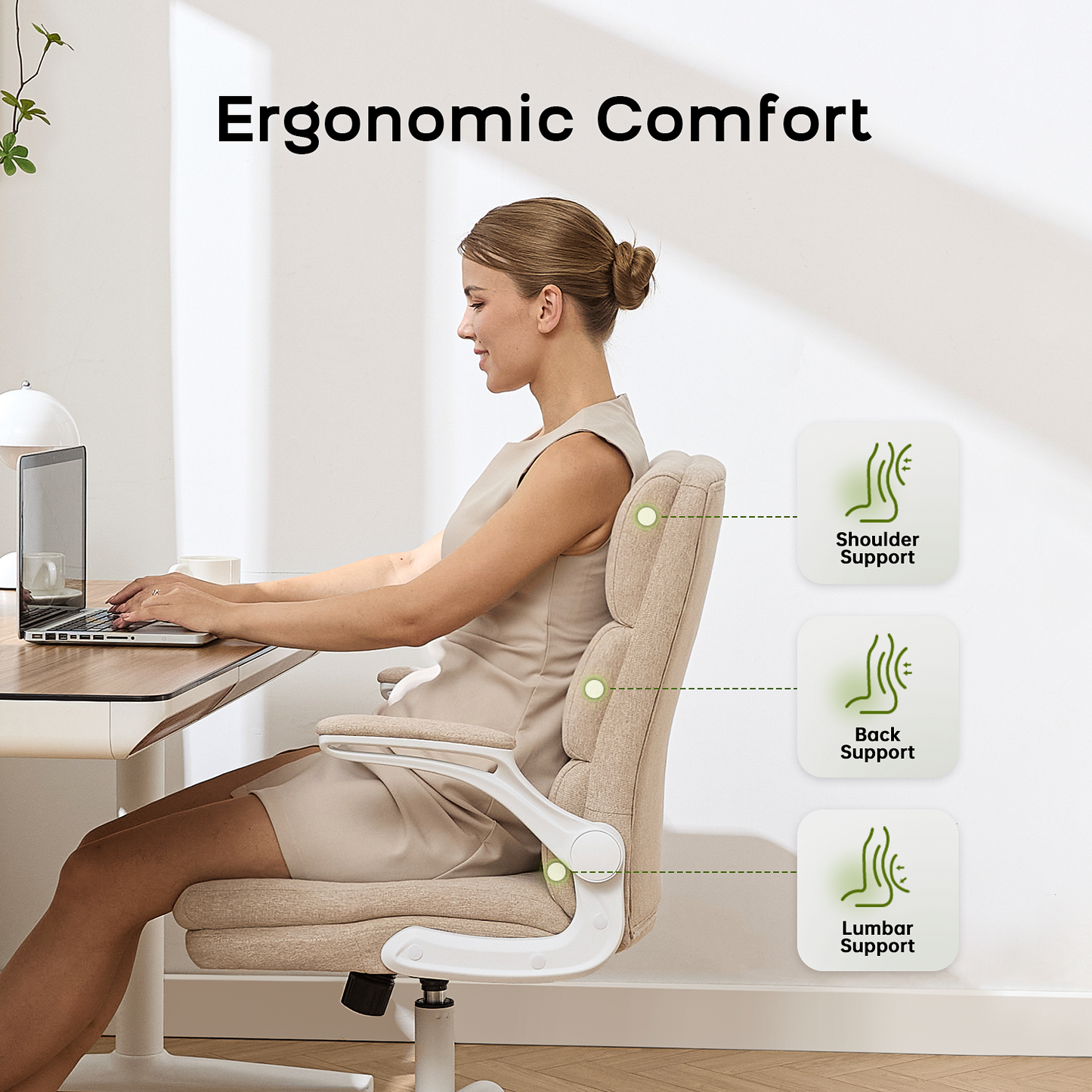 TMV Home Office Chair,Ergonomic Desk Chair with Lumbar Support,Executive Chair for Work from Home–Adjustable Height,Beige