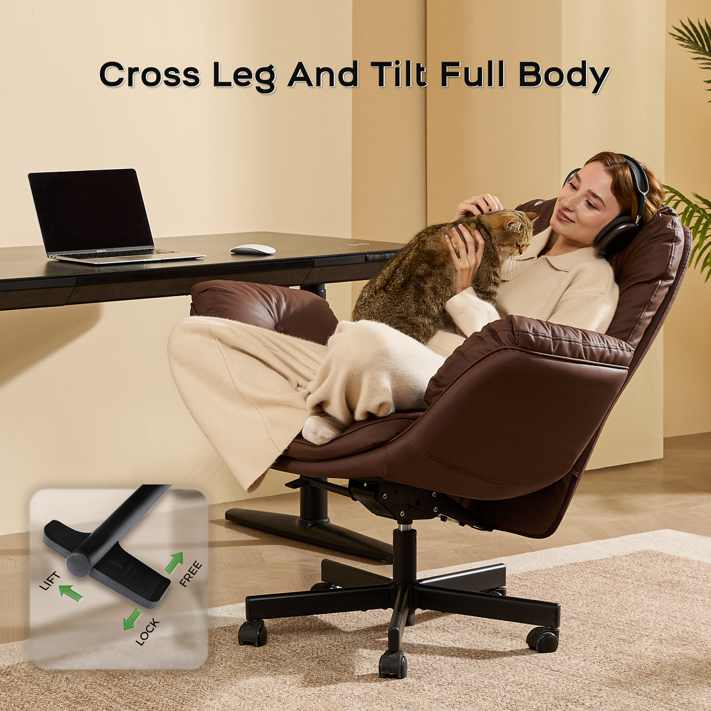 TMV Vanity Chair with Foldable Arms, Criss Cross Design Office Desk Chair - Standard Size Swivel Computer Chair with Wheels,Brown