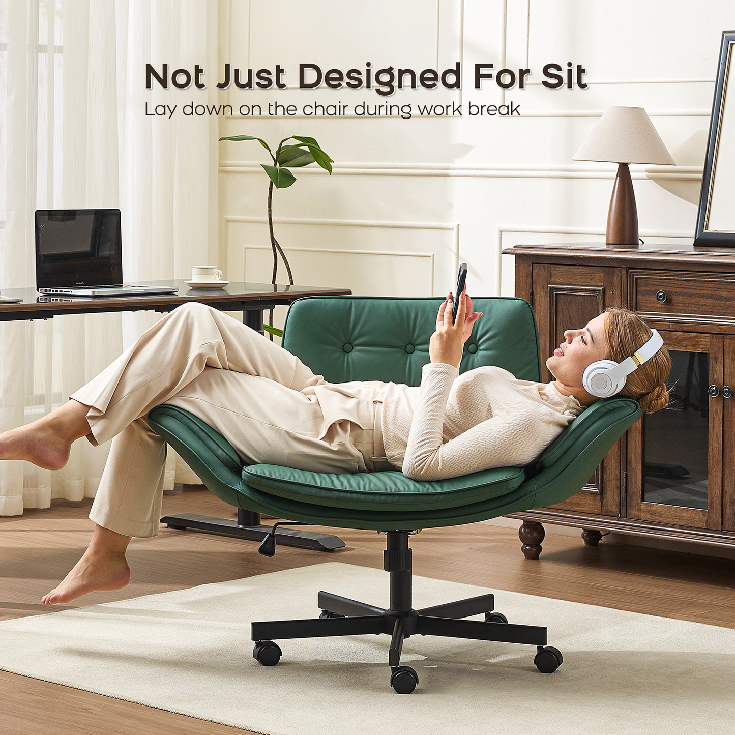 TMV Vanity Chair Oversized, Criss Cross Design Office Desk Chair - Big & Tall Computer Chair with Foldable Arms, Swivel and Wheels,Green