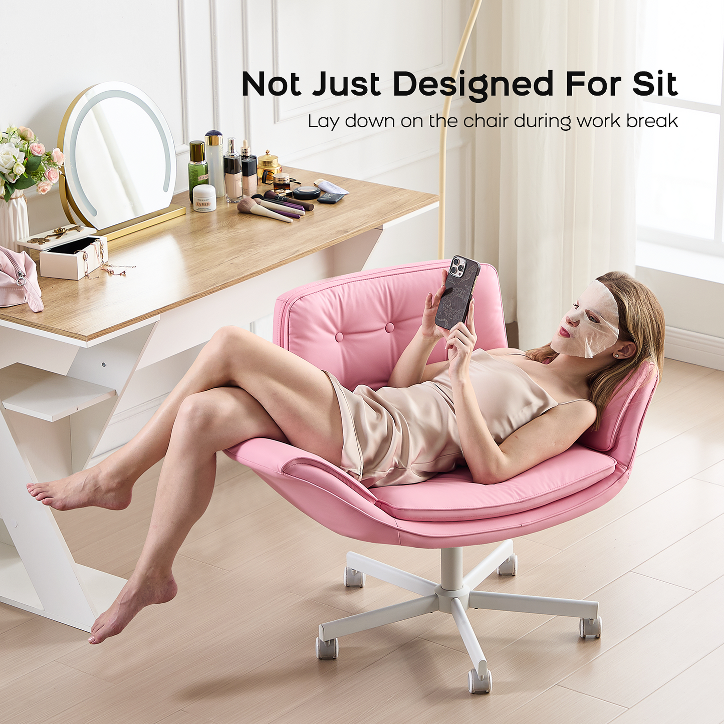 TMV Vanity Chair Oversized, Criss Cross Design Office Desk Chair - Big & Tall Computer Chair with Foldable Arms, Swivel and Wheels,Pink