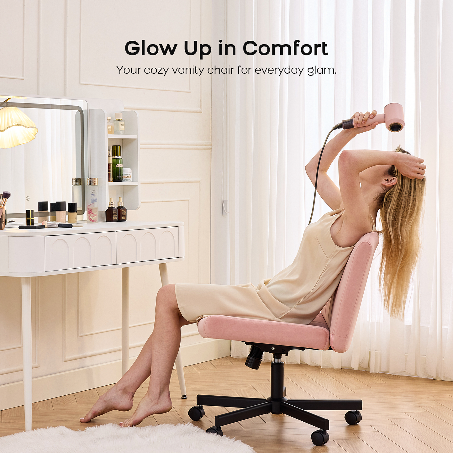 TMV Criss Cross Chair–Armless Office Chair, Fabric Padded Vanity Chair Computer Chair with Wheels, Wide Seat Swivel Desk Chair for Home Office，Pink