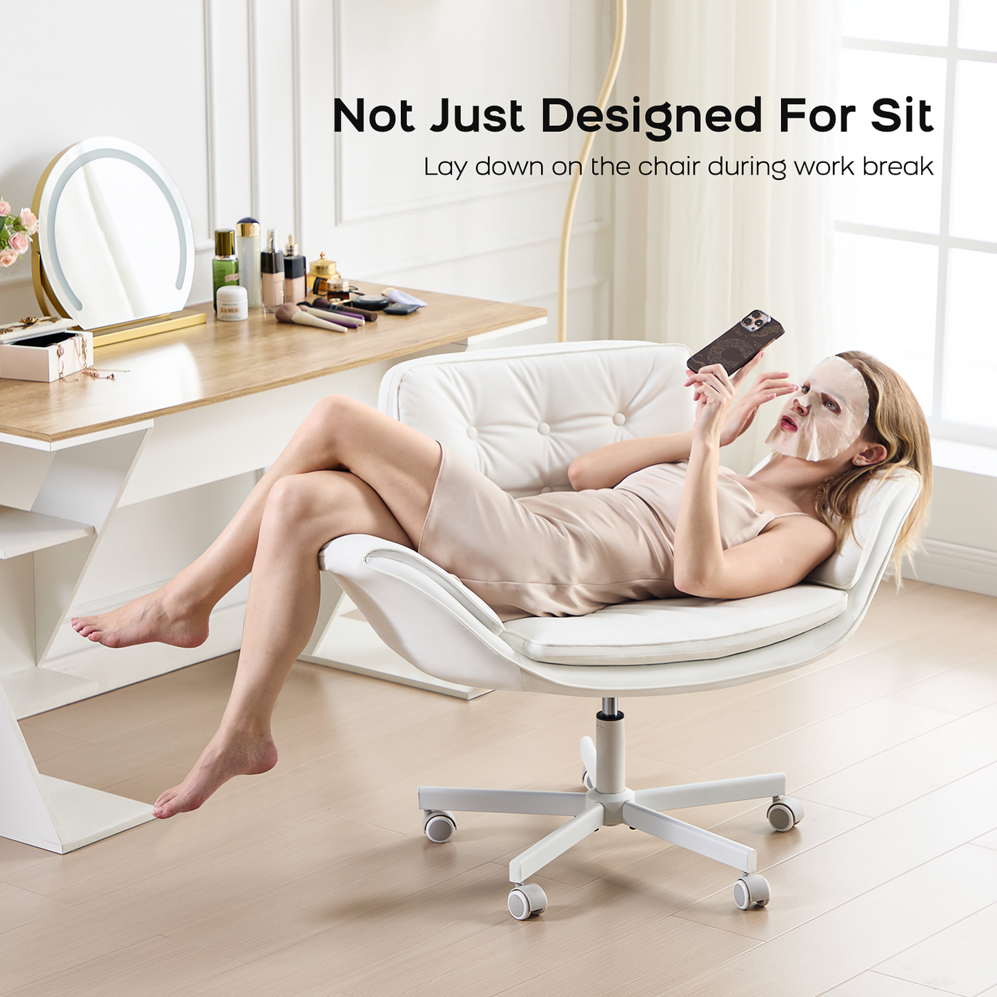 TMV Vanity Chair Oversized, Criss Cross Design Office Desk Chair - Big & Tall Computer Chair with Foldable Arms, Swivel and Wheels,White