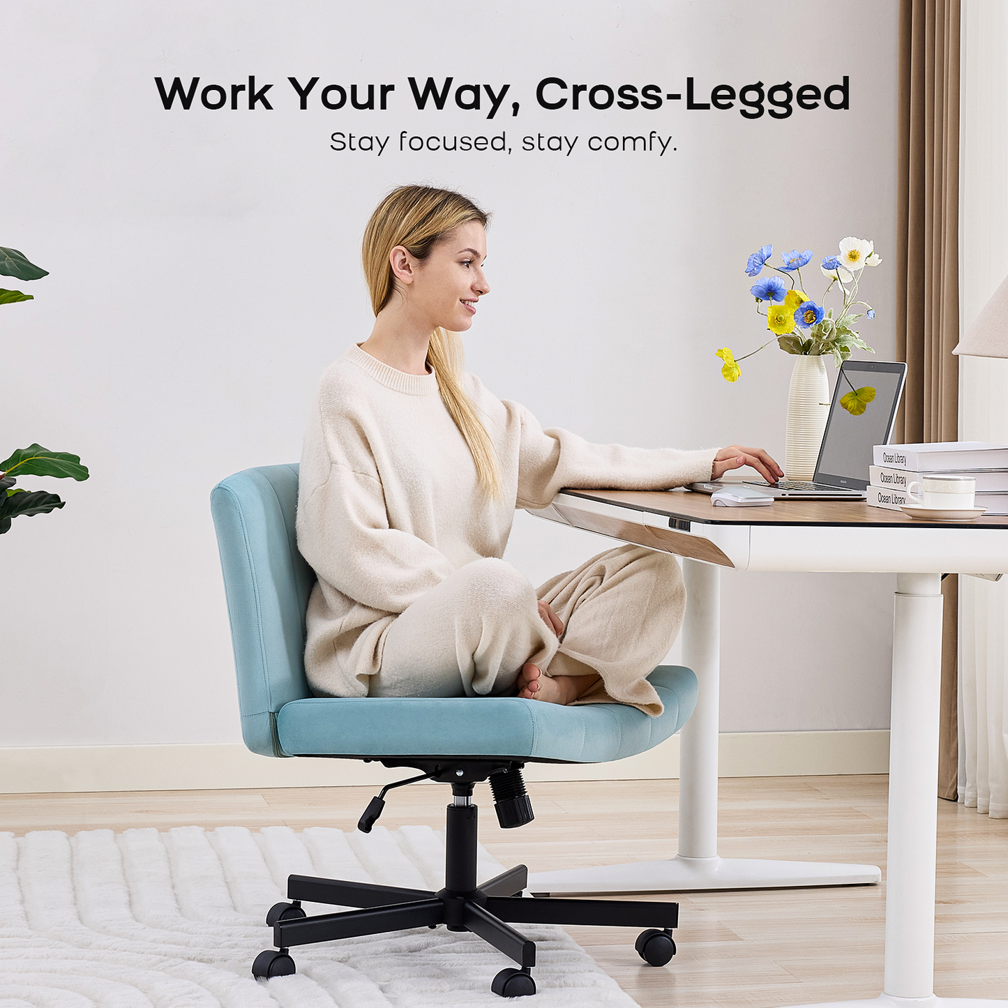 TMV Criss Cross Chair–Armless Office Chair, Fabric Padded Vanity Chair Computer Chair with Wheels, Wide Seat Swivel Desk Chair for Home Office，Pale Blue