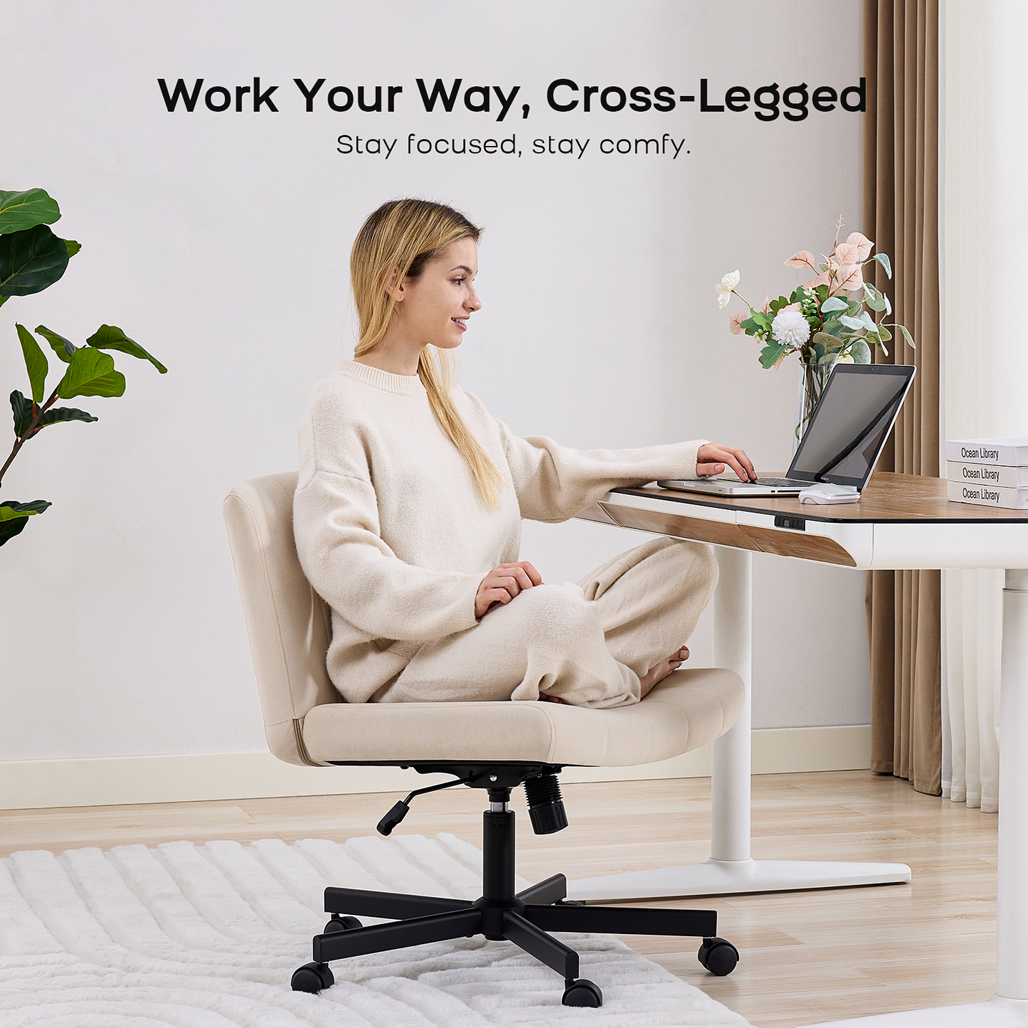 TMV Criss Cross Chair–Armless Office Chair, Fabric Padded Vanity Chair Computer Chair with Wheels, Wide Seat Swivel Desk Chair for Home Office，Cream