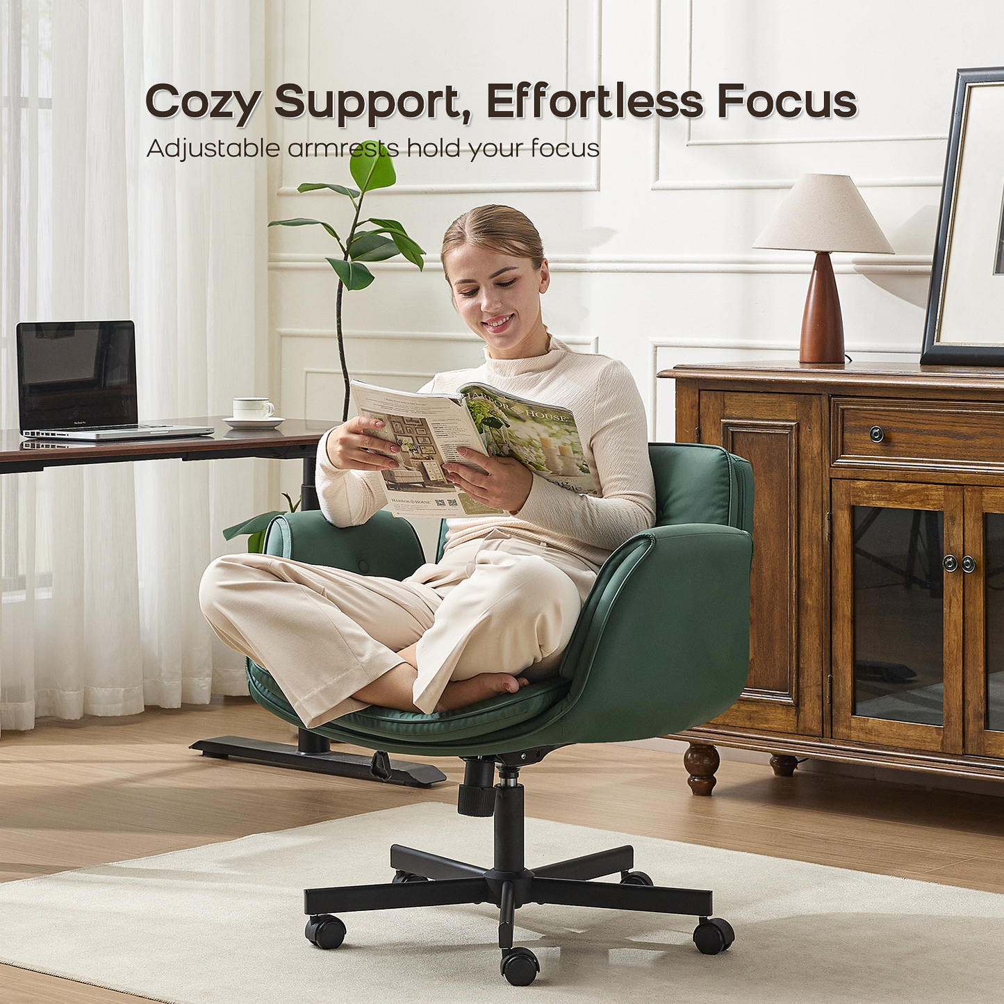 TMV Vanity Chair Oversized, Criss Cross Design Office Desk Chair - Big & Tall Computer Chair with Foldable Arms, Swivel and Wheels,Green