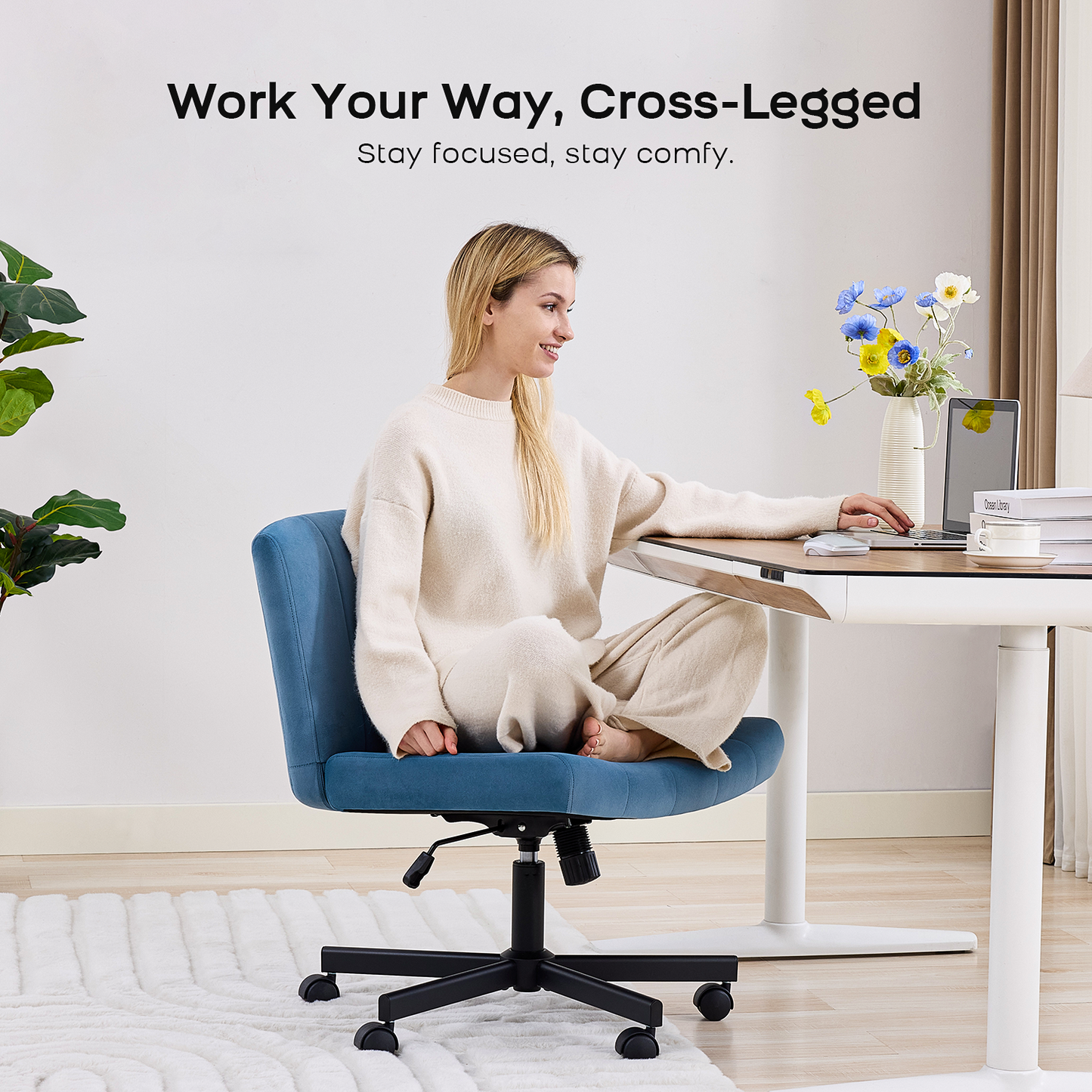 TMV Criss Cross Chair–Armless Office Chair, Fabric Padded Vanity Chair Computer Chair with Wheels, Wide Seat Swivel Desk Chair for Home Office，Navy Blue
