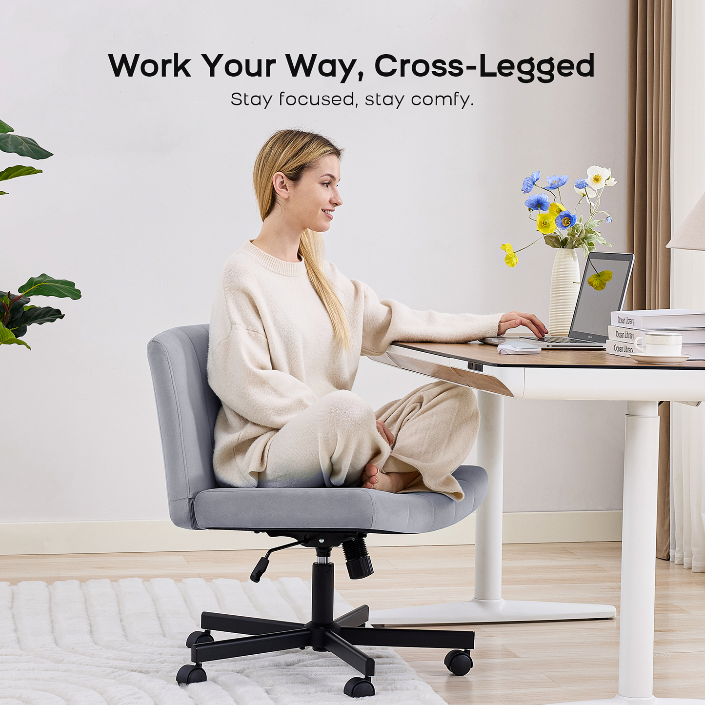TMV Criss Cross Chair–Armless Office Chair, Fabric Padded Vanity Chair Computer Chair with Wheels, Wide Seat Swivel Desk Chair for Home Office,Gray