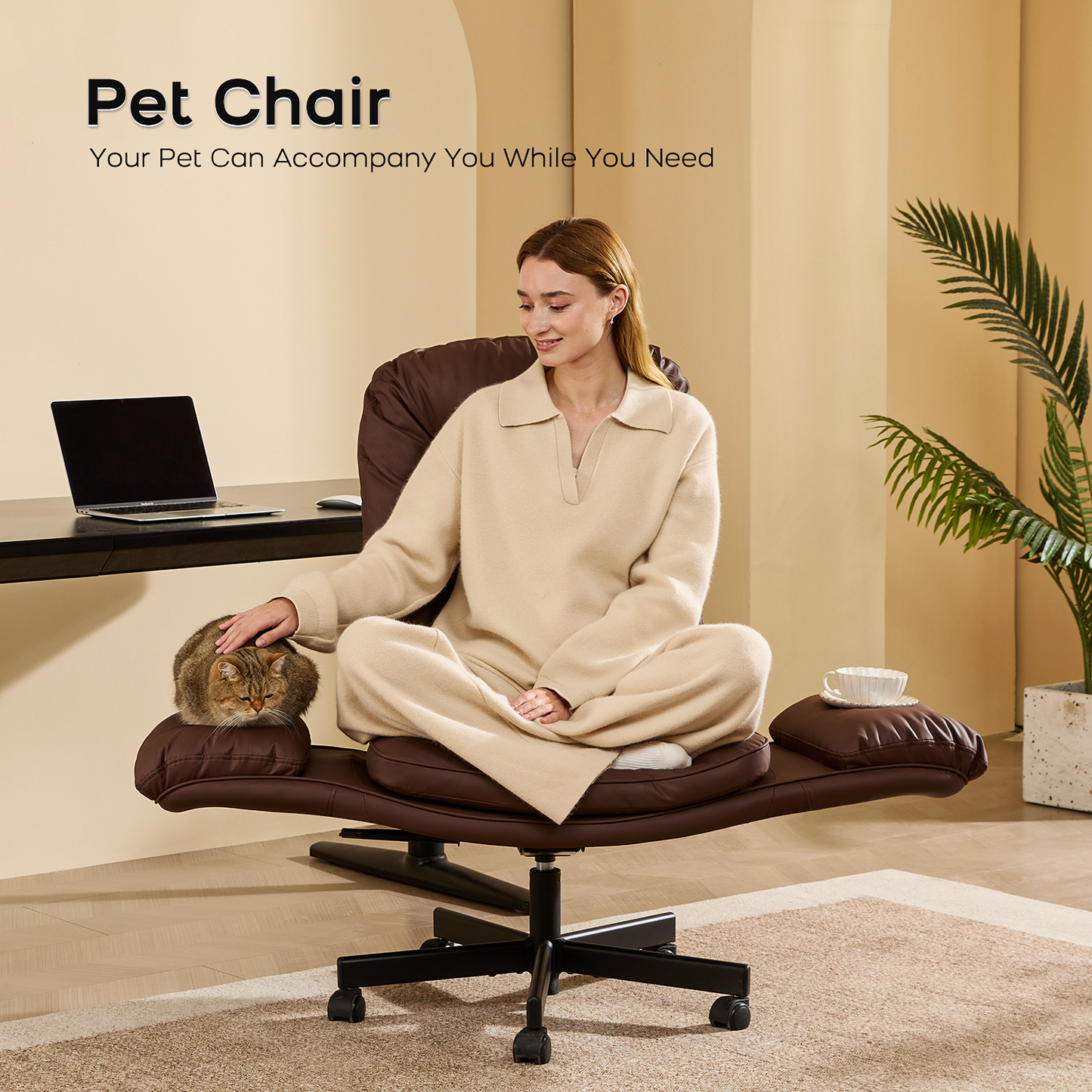 TMV Vanity Chair with Foldable Arms, Criss Cross Design Office Desk Chair - Standard Size Swivel Computer Chair with Wheels,Brown