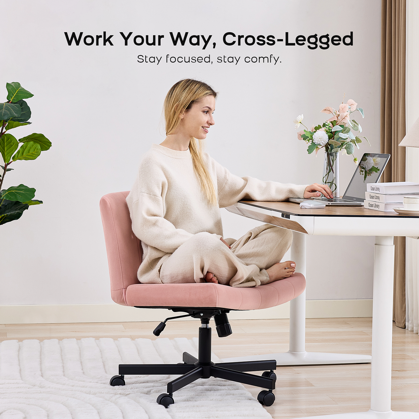 TMV Criss Cross Chair–Armless Office Chair, Fabric Padded Vanity Chair Computer Chair with Wheels, Wide Seat Swivel Desk Chair for Home Office，Pink