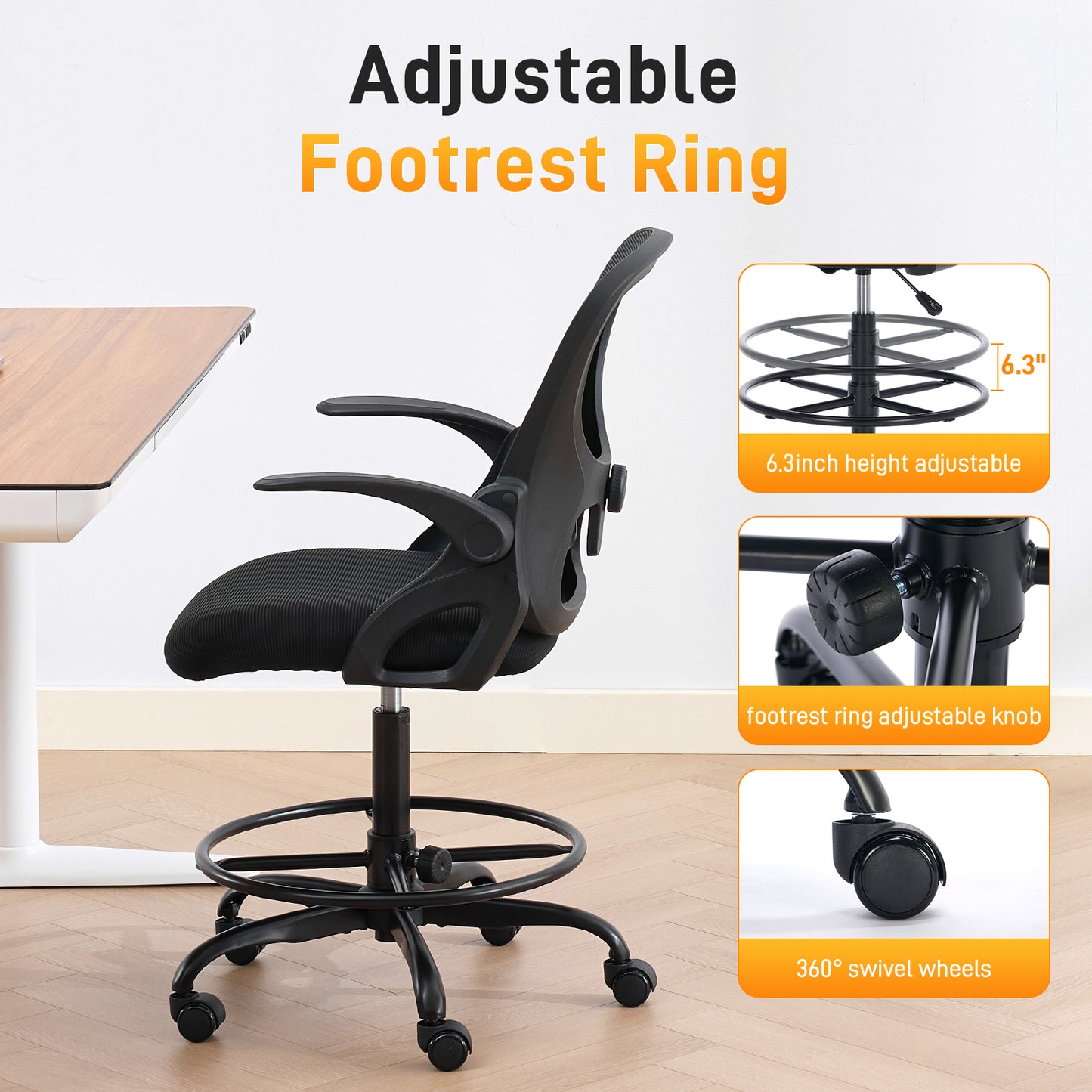 TMV Drafting Chairs Adjustable Height Desk Chair, Ergonomic Office Chair with Foot Rest, Computer Chair,Black-Black