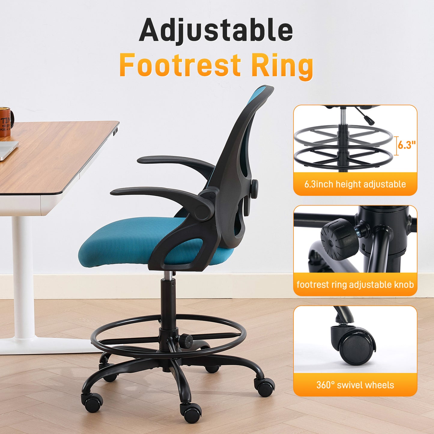 TMV Drafting Chairs Adjustable Height Desk Chair, Ergonomic Office Chair with Foot Rest, Computer Chair,Black-Blue