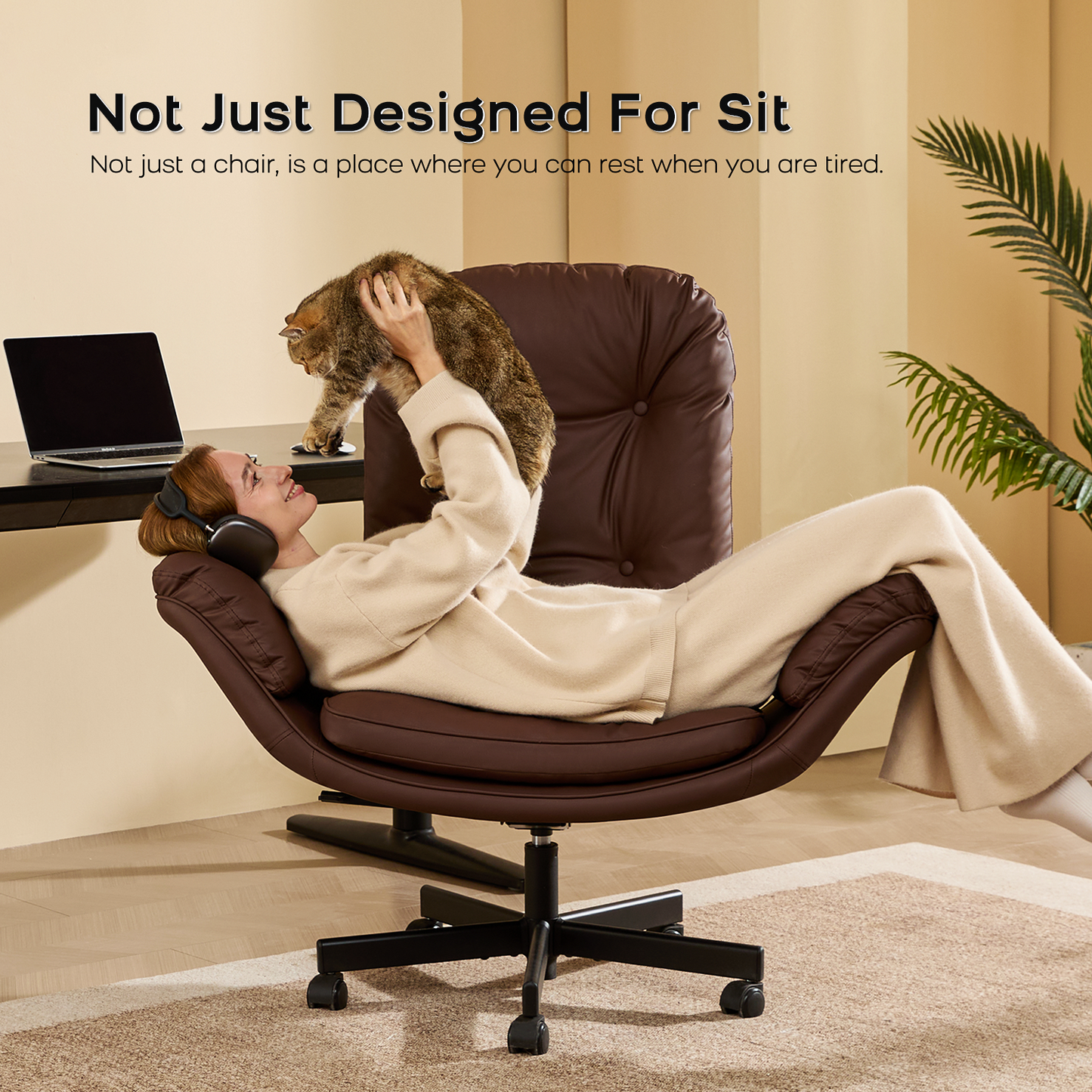 TMV Vanity Chair with Foldable Arms, Criss Cross Design Office Desk Chair - Standard Size Swivel Computer Chair with Wheels,Brown