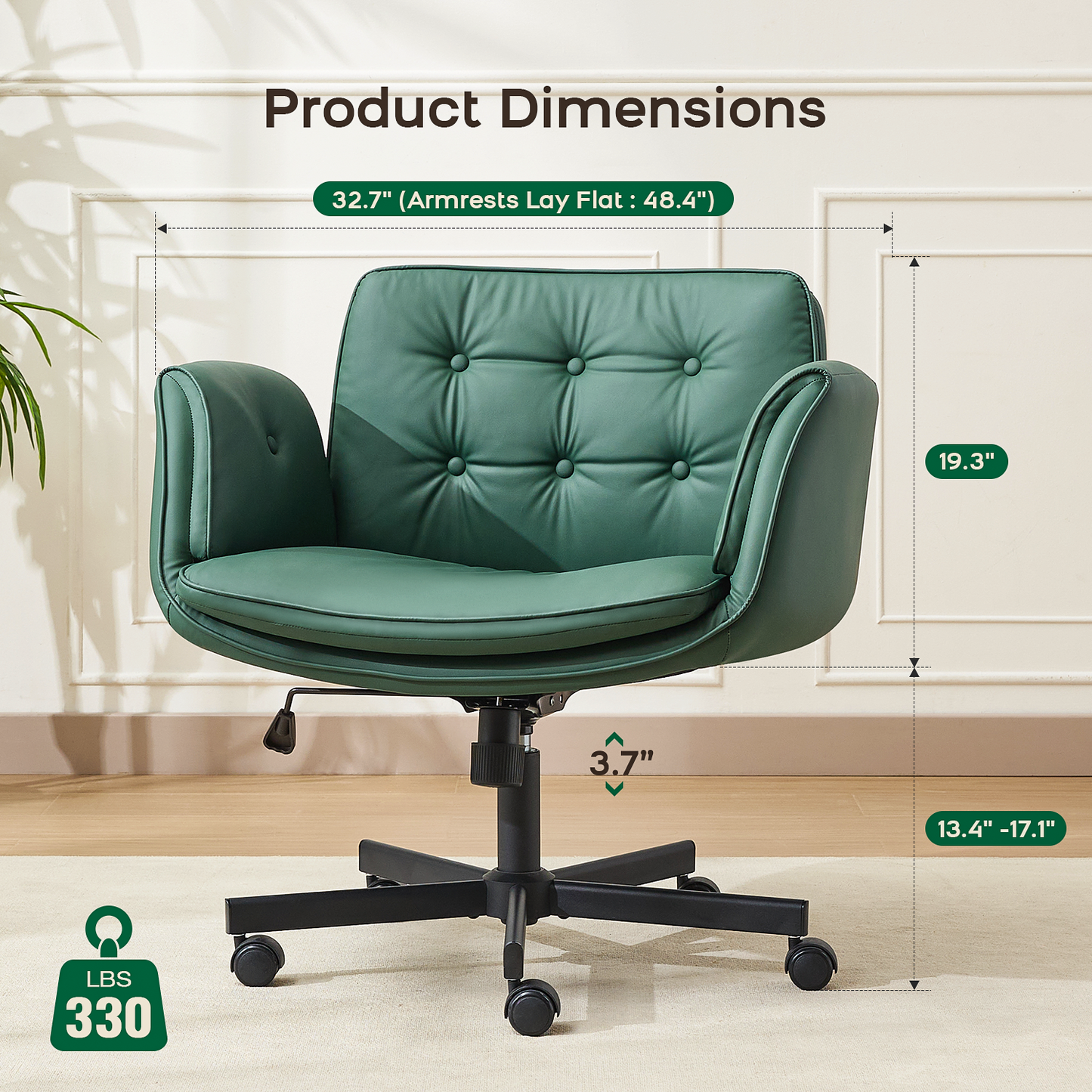 TMV Vanity Chair Oversized, Criss Cross Design Office Desk Chair - Big & Tall Computer Chair with Foldable Arms, Swivel and Wheels,Green