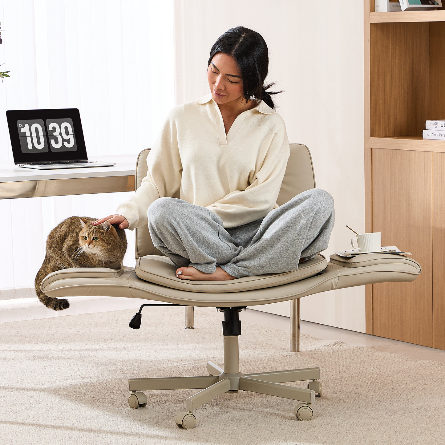 TMV Vanity Chair Oversized, Criss Cross Design Office Desk Chair - Big & Tall Computer Chair with Foldable Arms, Swivel and Wheels,Cream