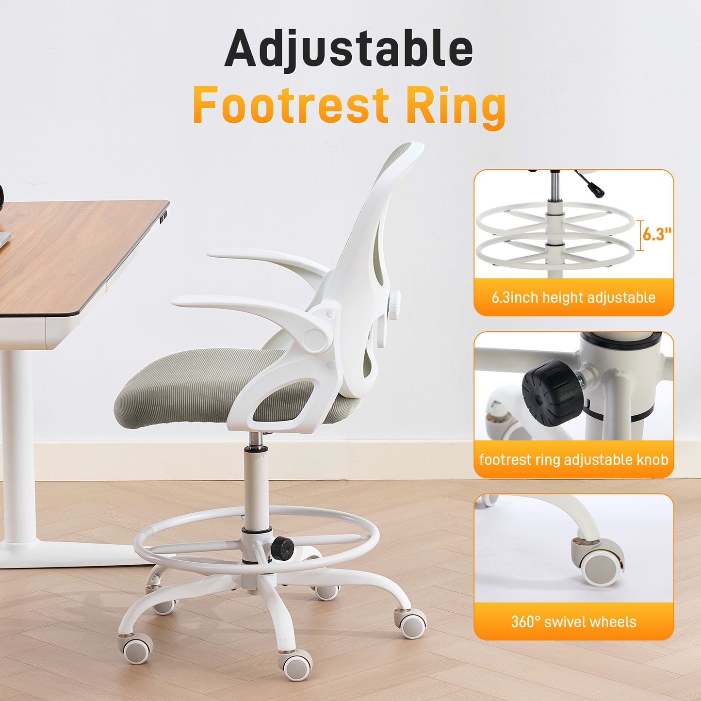 TMV Drafting Chairs Adjustable Height Desk Chair, Ergonomic Office Chair with Foot Rest, Computer Chair,White-Gray
