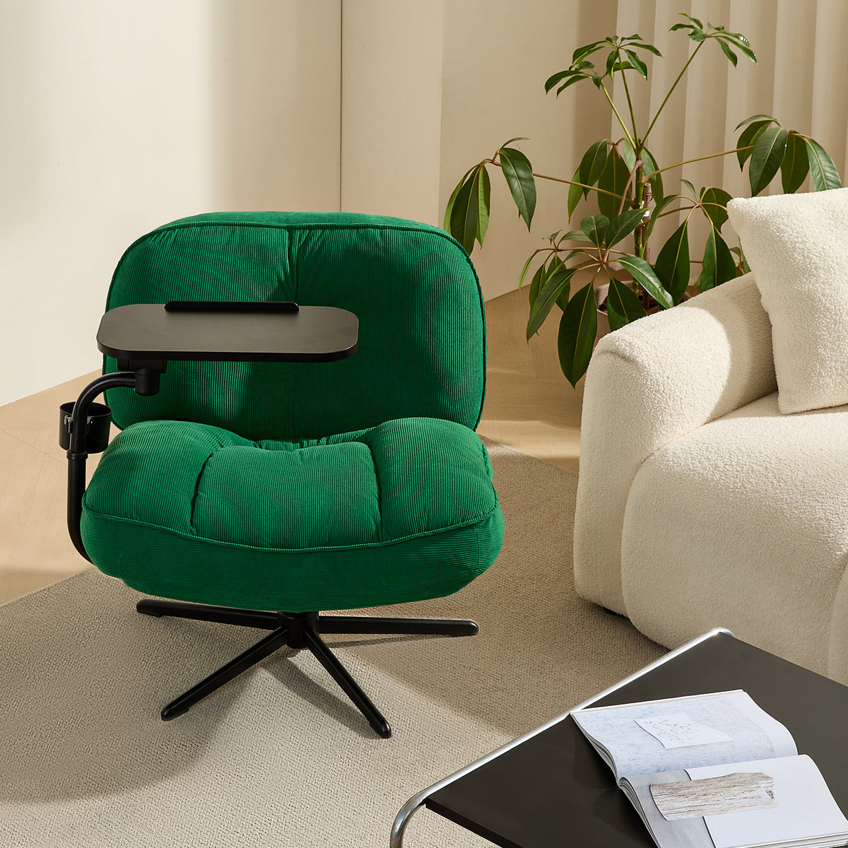 TMV Swivel Accent Chair Living Room Chairs with Tray Table and Cup Holder – Wide Seat,360°Swivel,Reading Chair,Corduroy Chaise Lounge Chair Indoor,Green