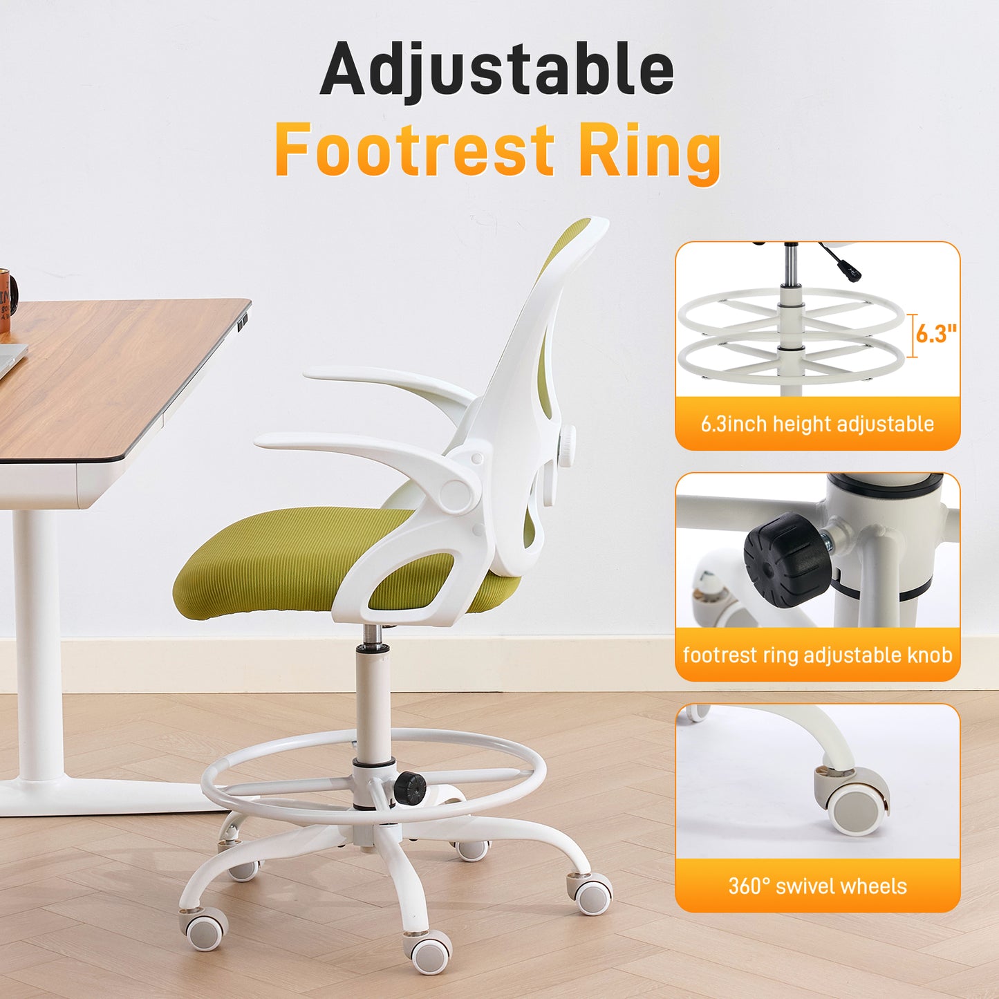 TMV Drafting Chairs Adjustable Height Desk Chair, Ergonomic Office Chair with Foot Rest, Computer Chair,White-Green