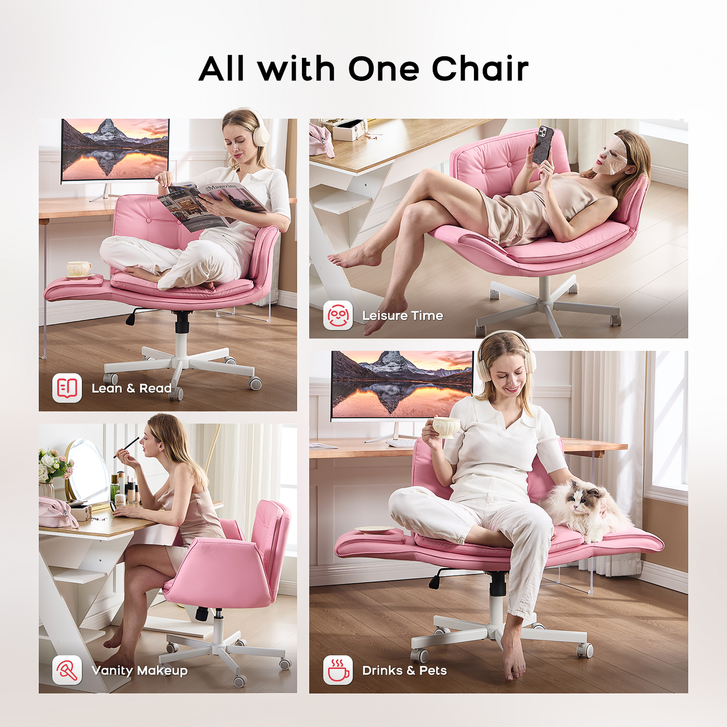 TMV Vanity Chair Oversized, Criss Cross Design Office Desk Chair - Big & Tall Computer Chair with Foldable Arms, Swivel and Wheels,Pink