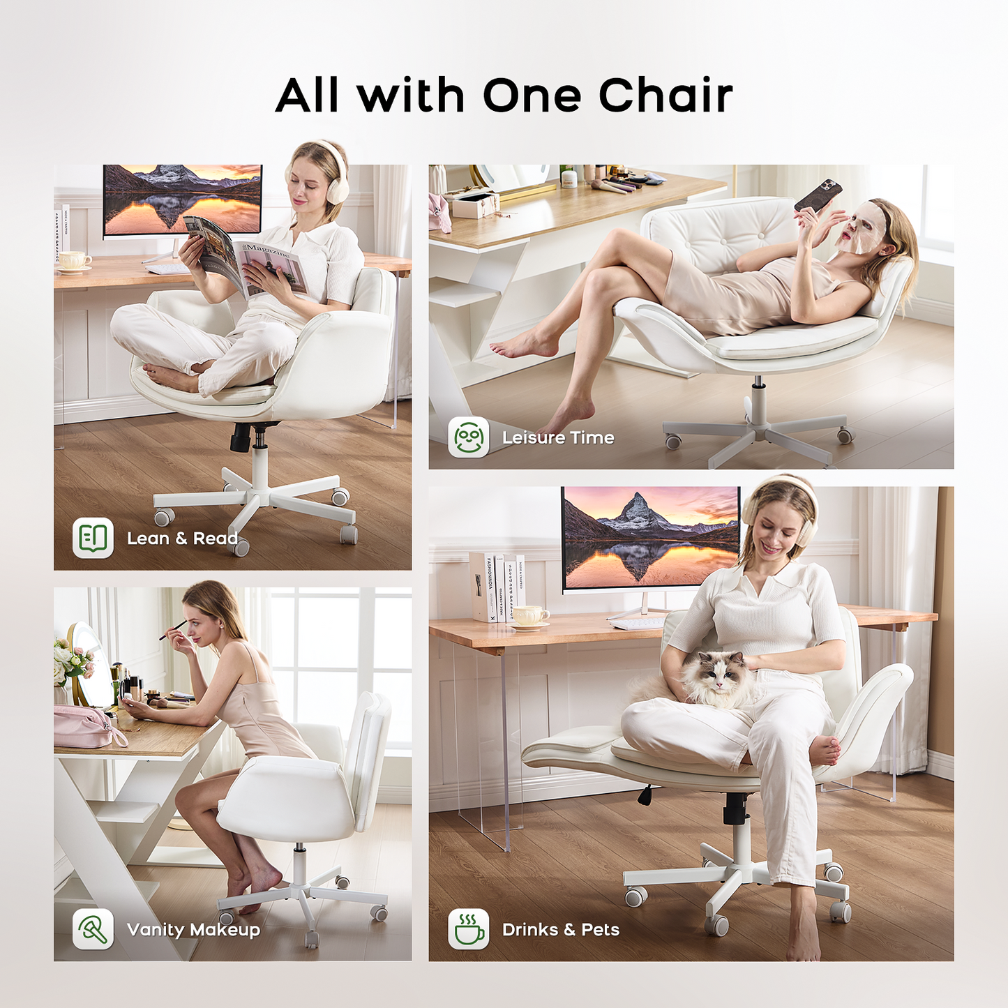 TMV Vanity Chair Oversized, Criss Cross Design Office Desk Chair - Big & Tall Computer Chair with Foldable Arms, Swivel and Wheels,White