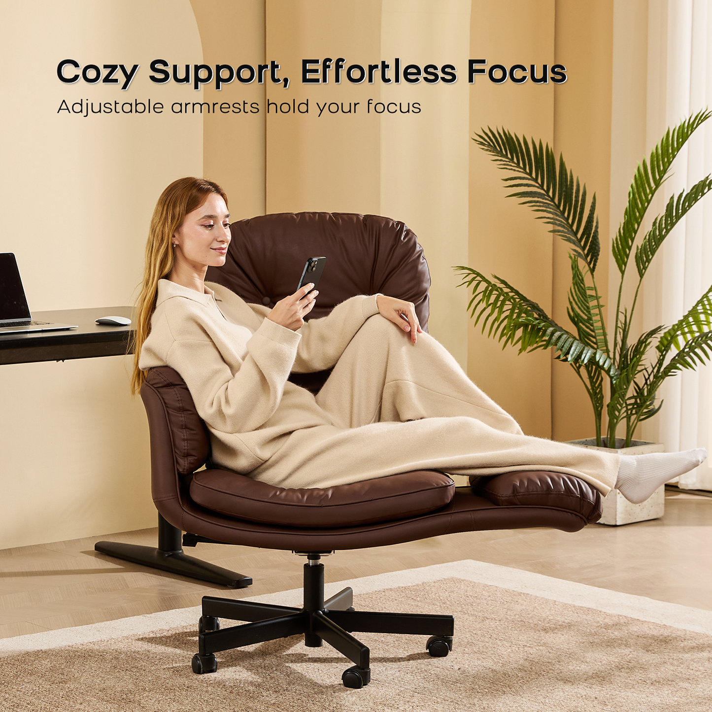 TMV Vanity Chair with Foldable Arms, Criss Cross Design Office Desk Chair - Standard Size Swivel Computer Chair with Wheels,Brown