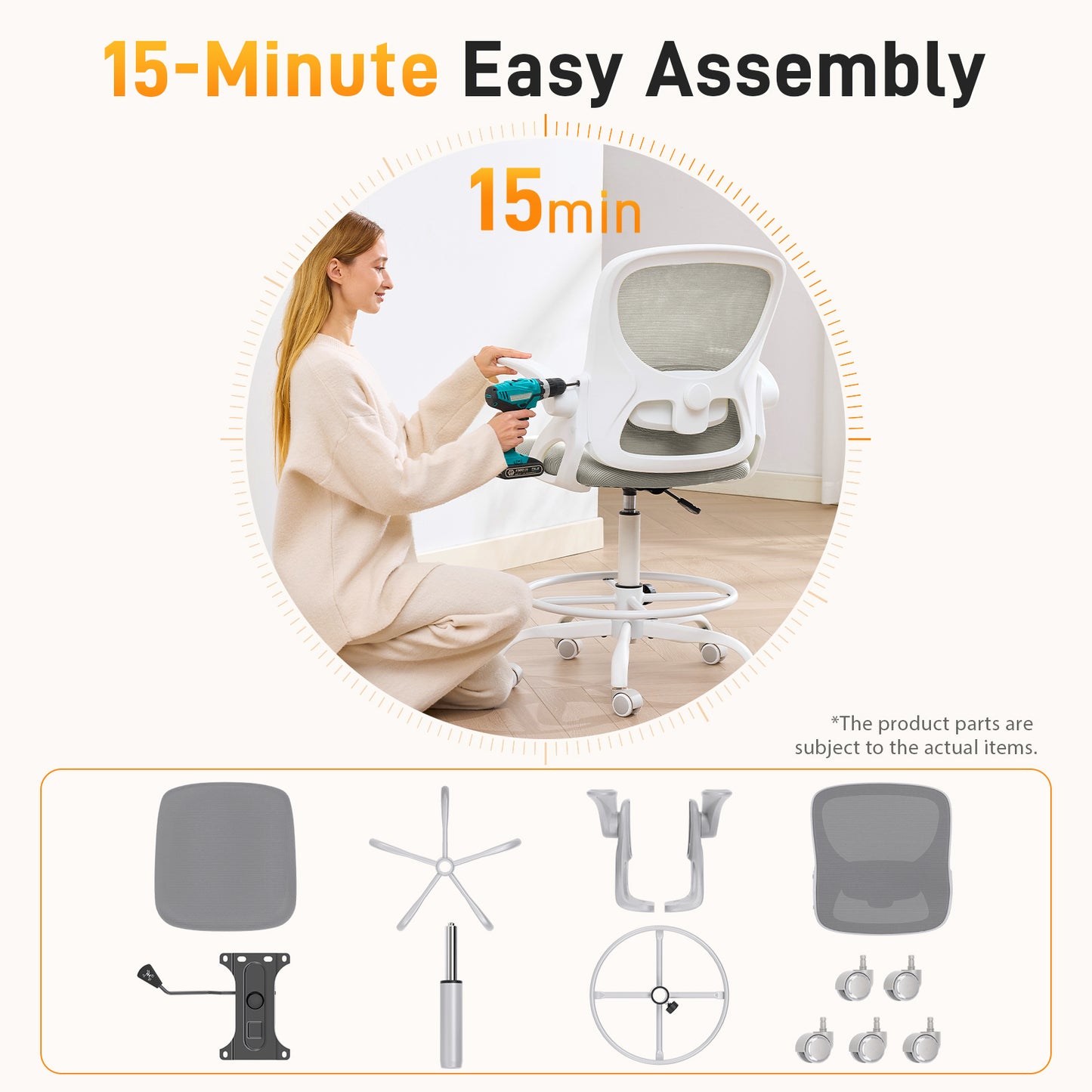 TMV Drafting Chairs Adjustable Height Desk Chair, Ergonomic Office Chair with Foot Rest, Computer Chair,White-Gray