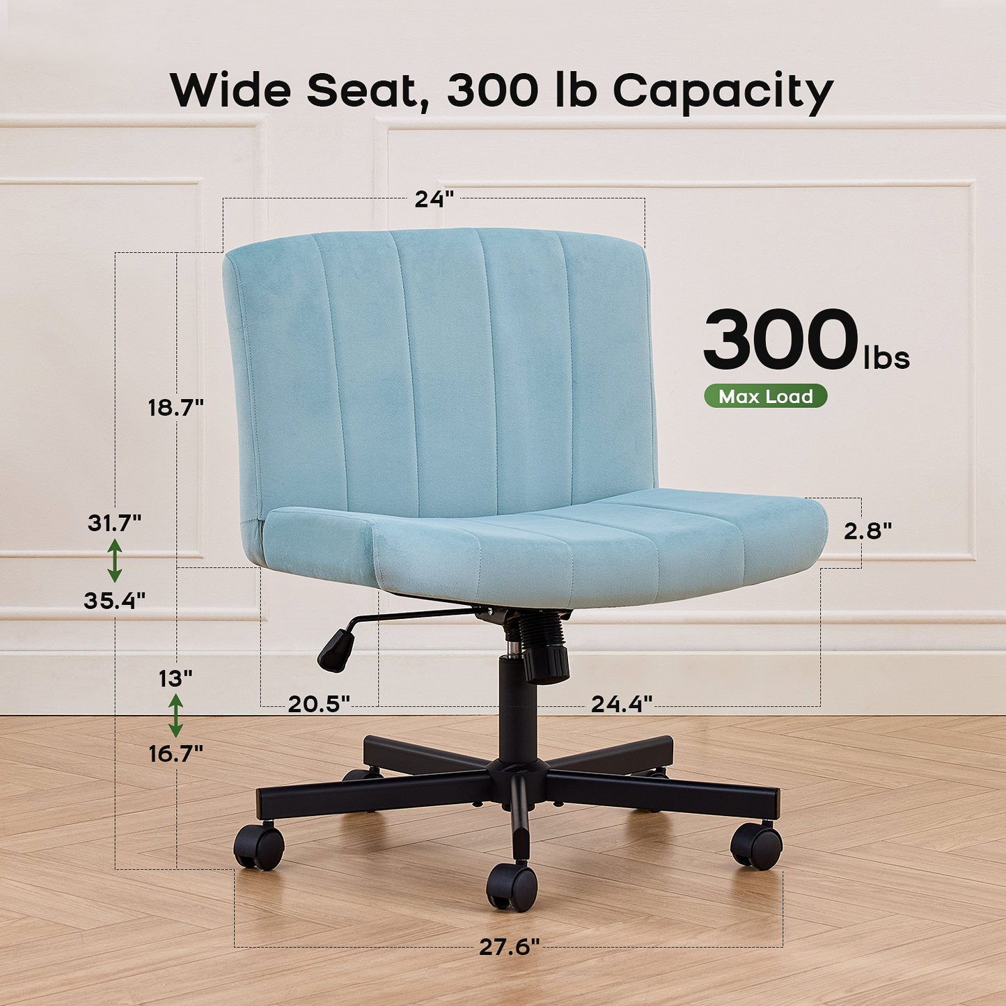 TMV Criss Cross Chair–Armless Office Chair, Fabric Padded Vanity Chair Computer Chair with Wheels, Wide Seat Swivel Desk Chair for Home Office，Pale Blue