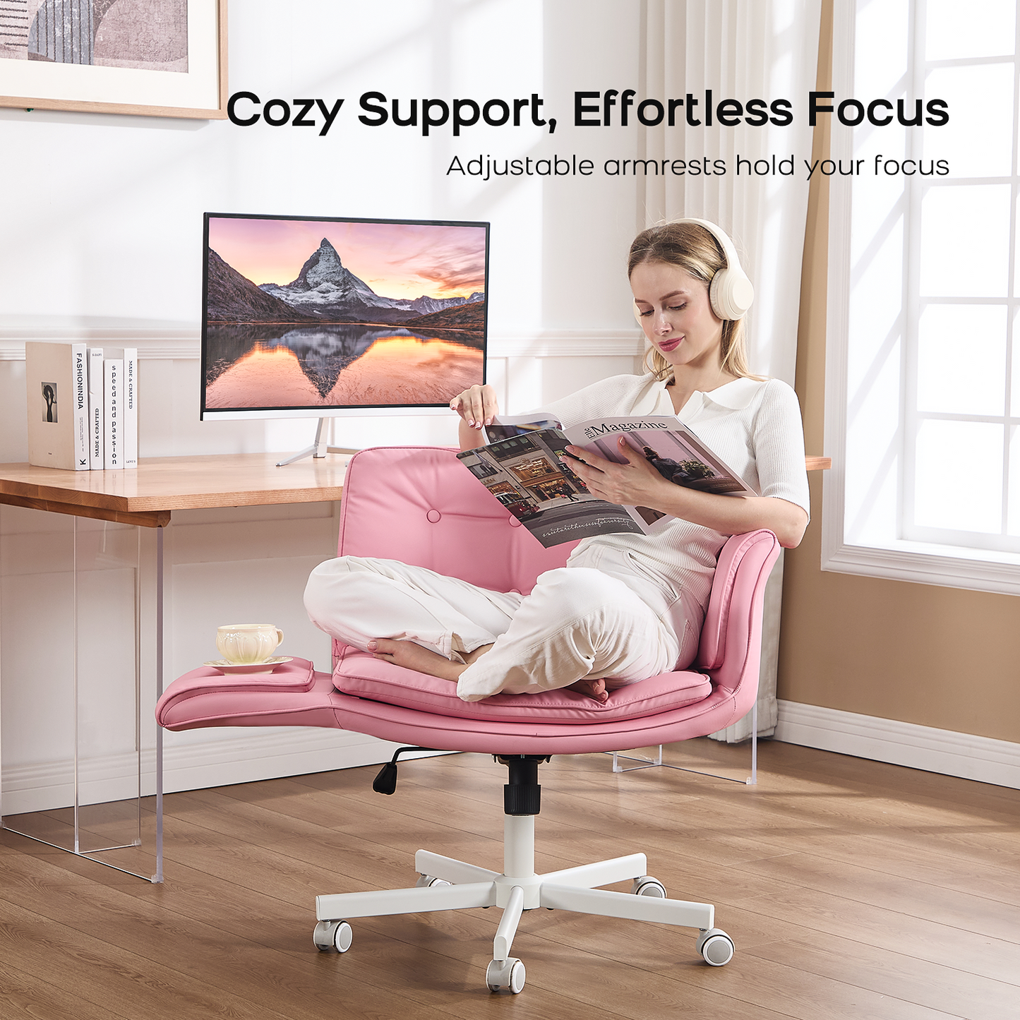TMV Vanity Chair Oversized, Criss Cross Design Office Desk Chair - Big & Tall Computer Chair with Foldable Arms, Swivel and Wheels,Pink