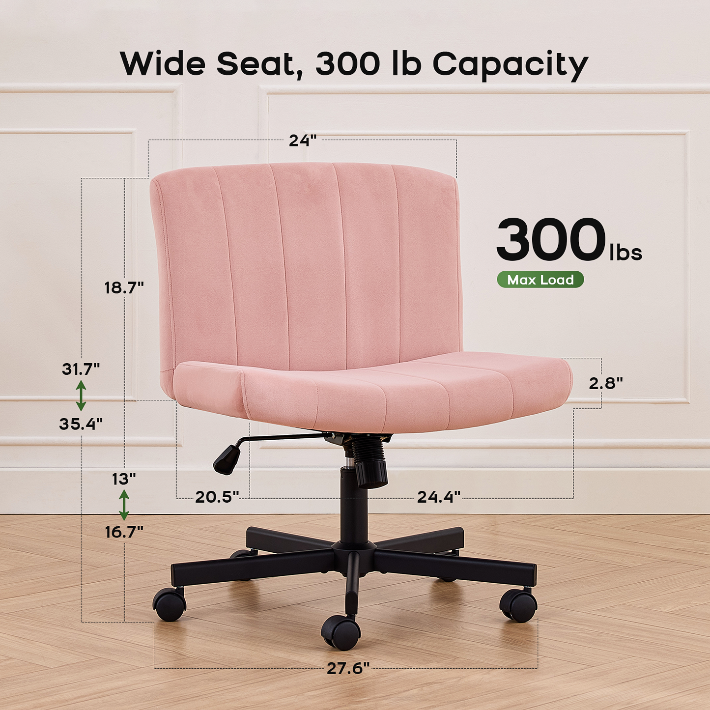 TMV Criss Cross Chair–Armless Office Chair, Fabric Padded Vanity Chair Computer Chair with Wheels, Wide Seat Swivel Desk Chair for Home Office，Pink
