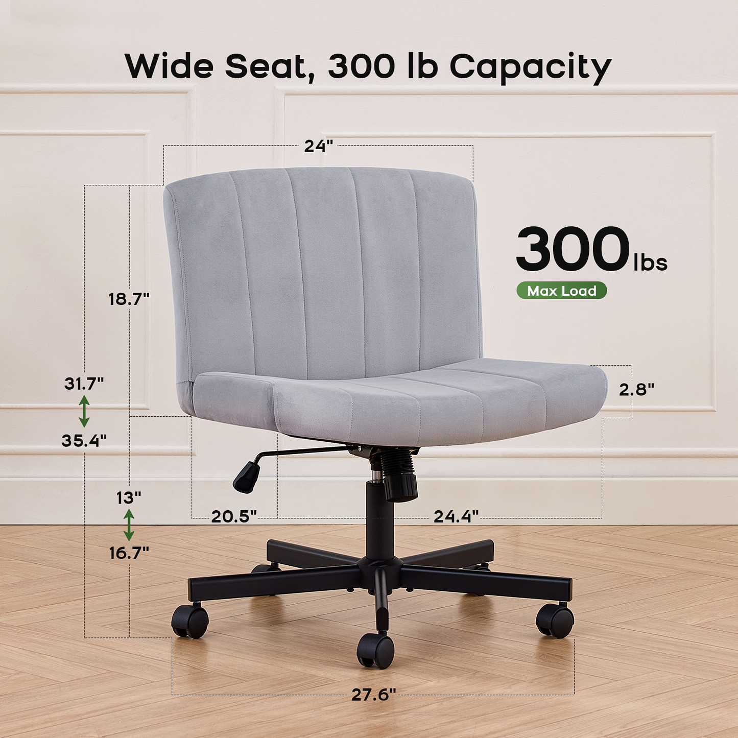 TMV Criss Cross Chair–Armless Office Chair, Fabric Padded Vanity Chair Computer Chair with Wheels, Wide Seat Swivel Desk Chair for Home Office,Gray