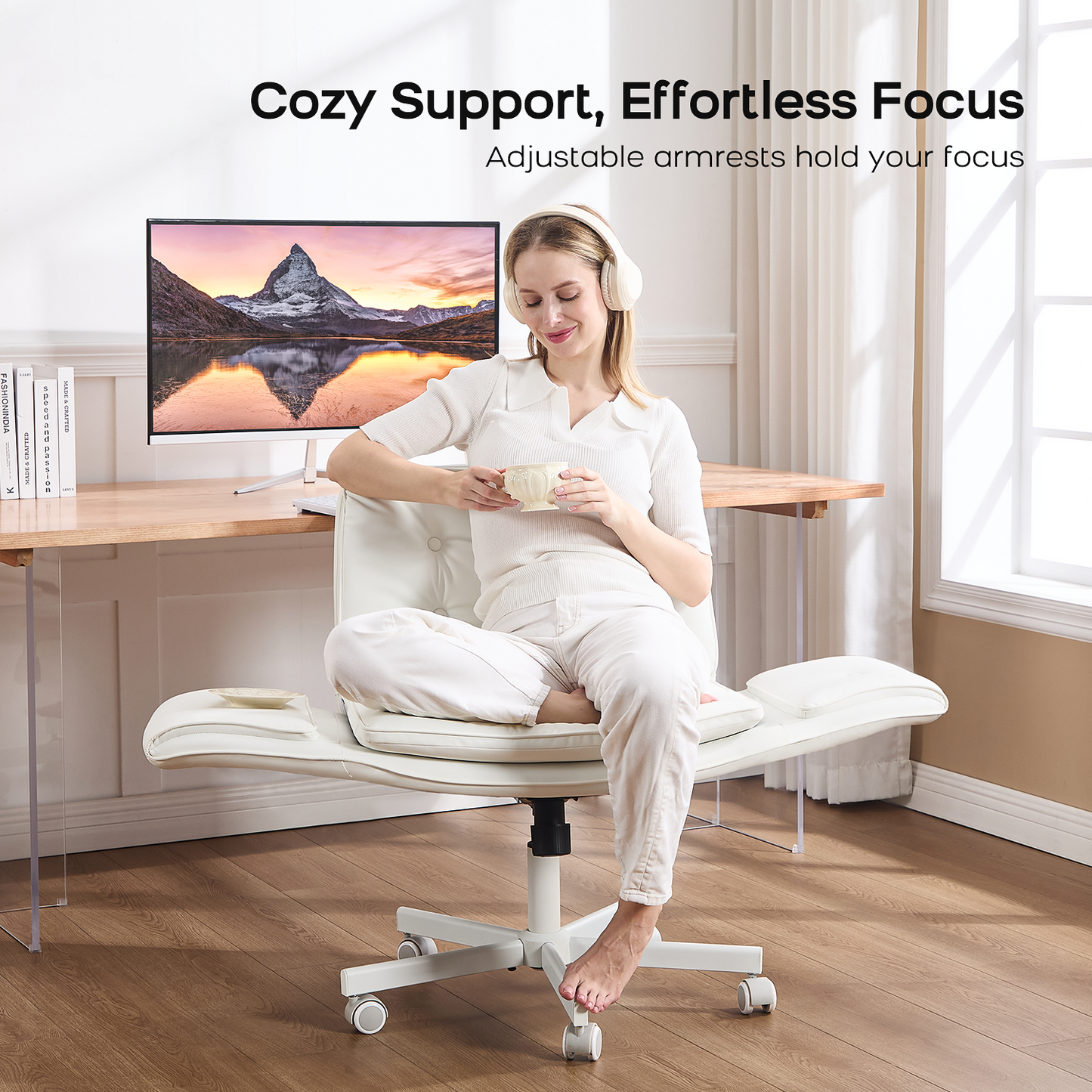 TMV Vanity Chair Oversized, Criss Cross Design Office Desk Chair - Big & Tall Computer Chair with Foldable Arms, Swivel and Wheels,White
