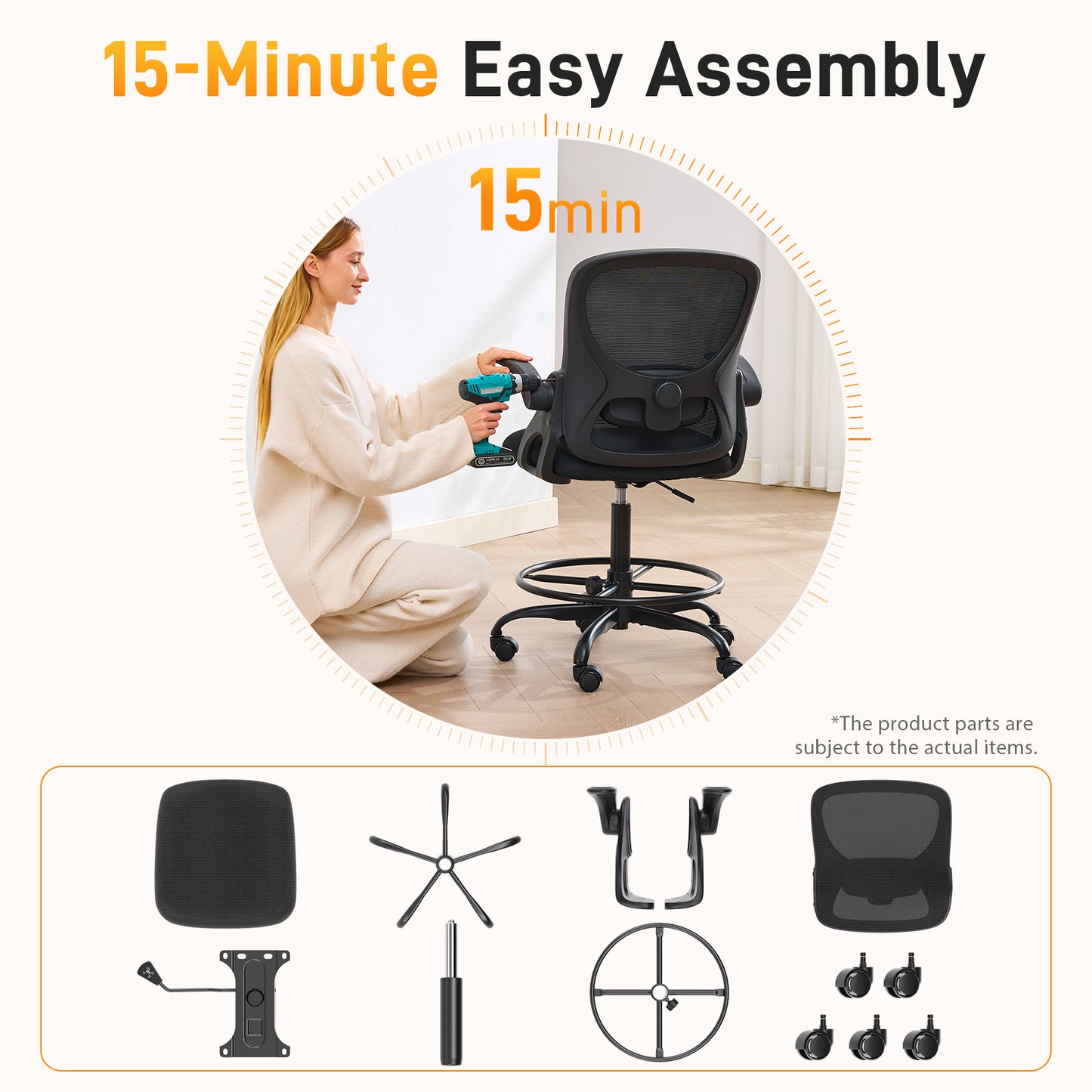 TMV Drafting Chairs Adjustable Height Desk Chair, Ergonomic Office Chair with Foot Rest, Computer Chair,Black-Black