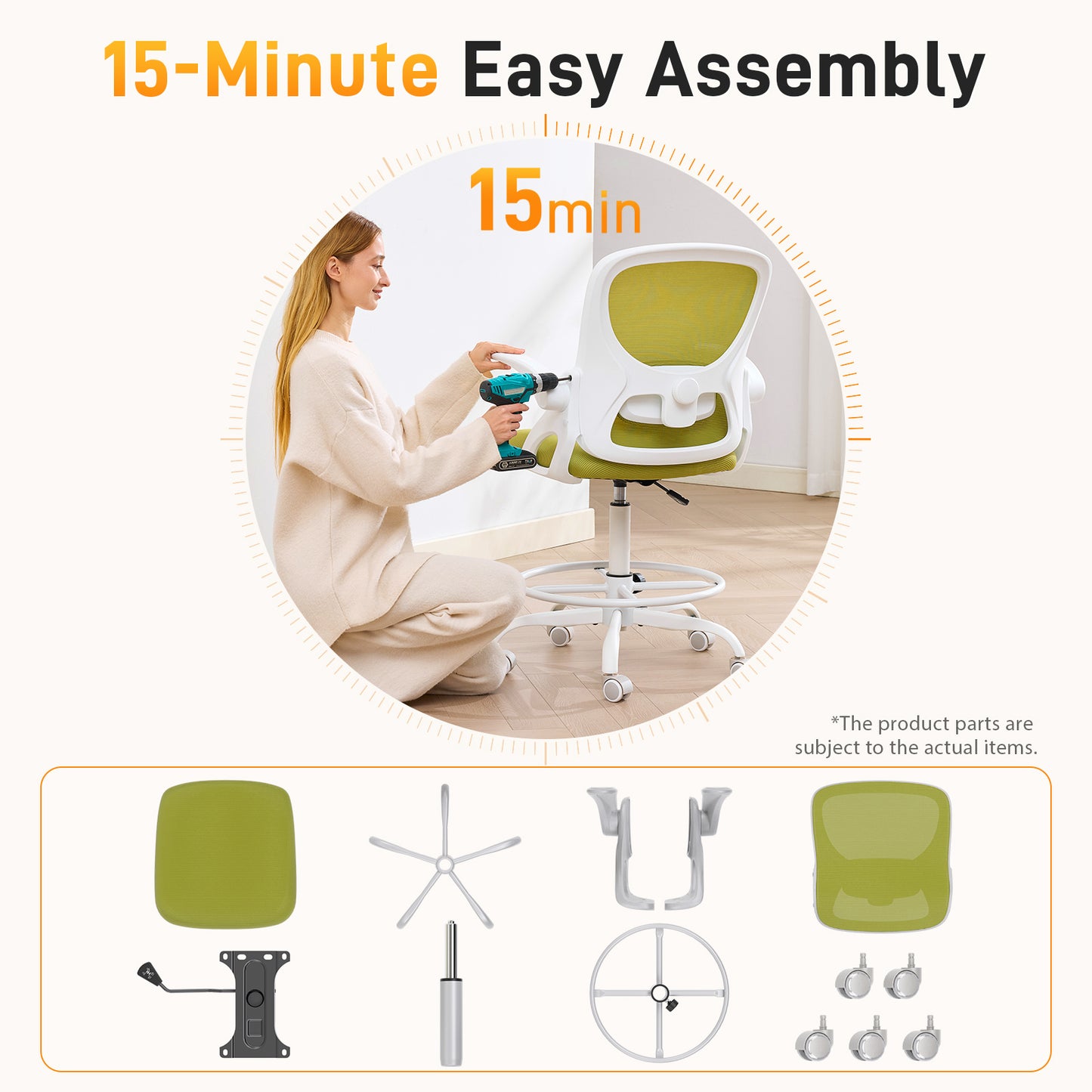 TMV Drafting Chairs Adjustable Height Desk Chair, Ergonomic Office Chair with Foot Rest, Computer Chair,White-Green