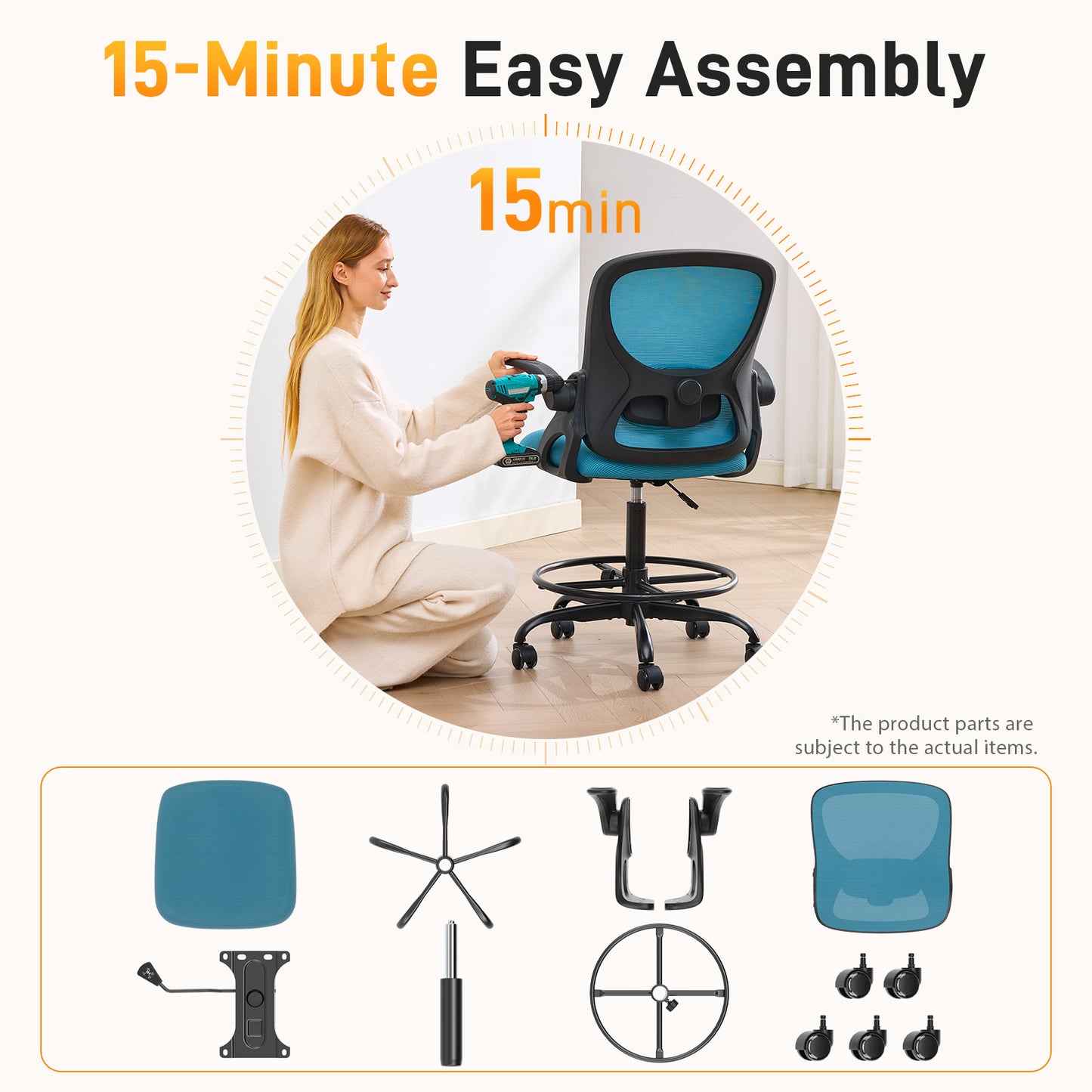 TMV Drafting Chairs Adjustable Height Desk Chair, Ergonomic Office Chair with Foot Rest, Computer Chair,Black-Blue