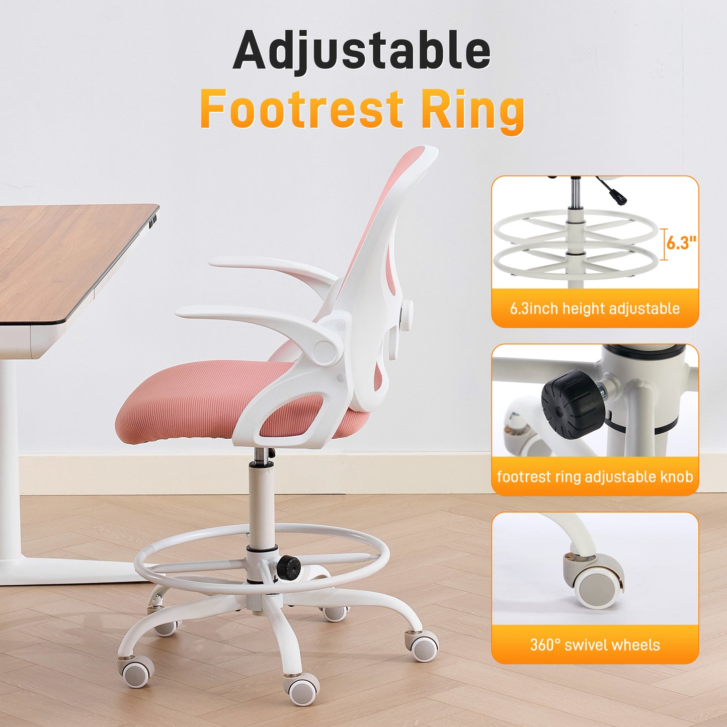 TMV Drafting Chairs Adjustable Height Desk Chair, Ergonomic Office Chair with Foot Rest, Computer Chair,White-Pink